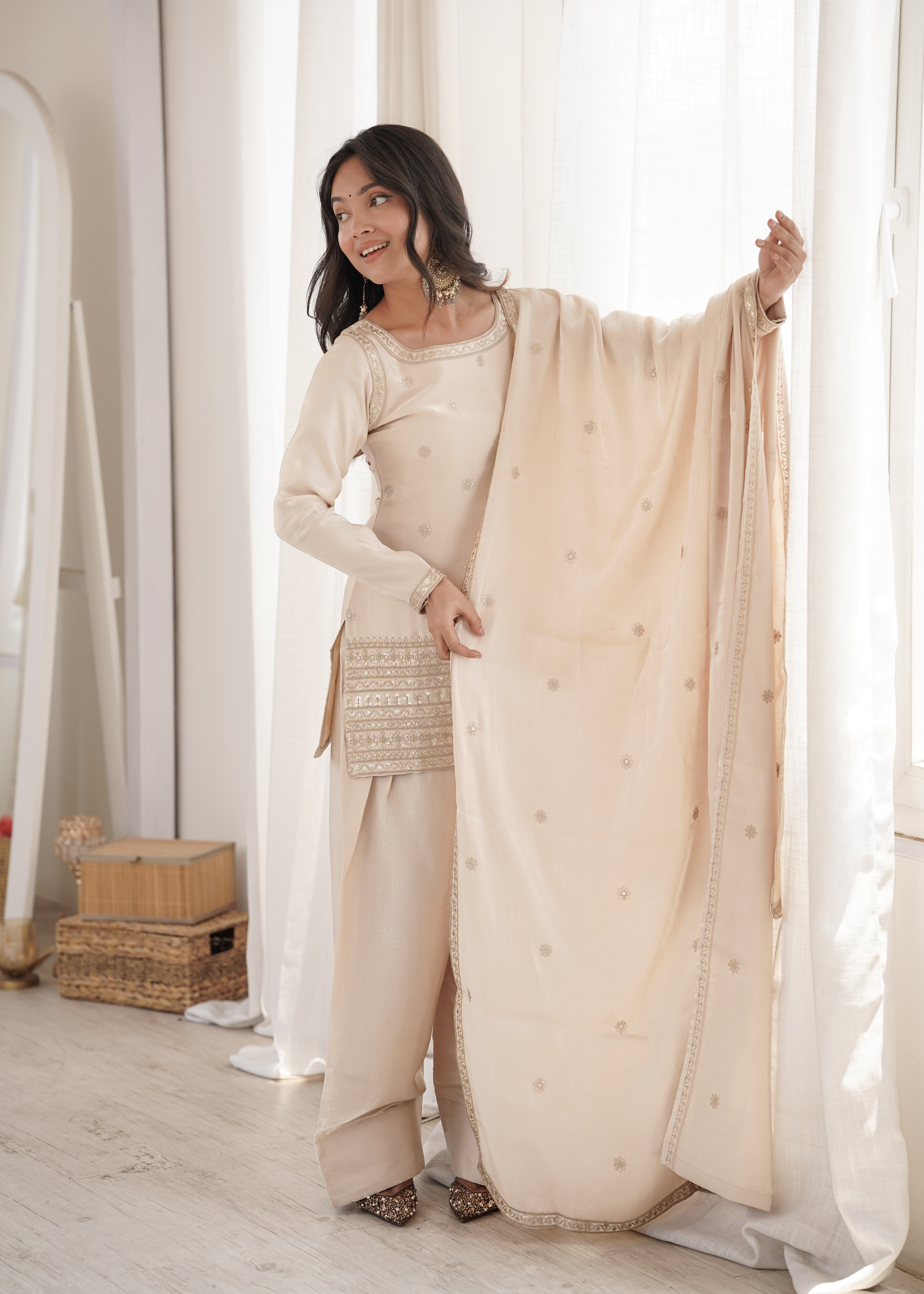 Champagne Beige Glass Roman Silk Kurta Set with Farshi Shalwar & Dupatta | NARDEV FASHION