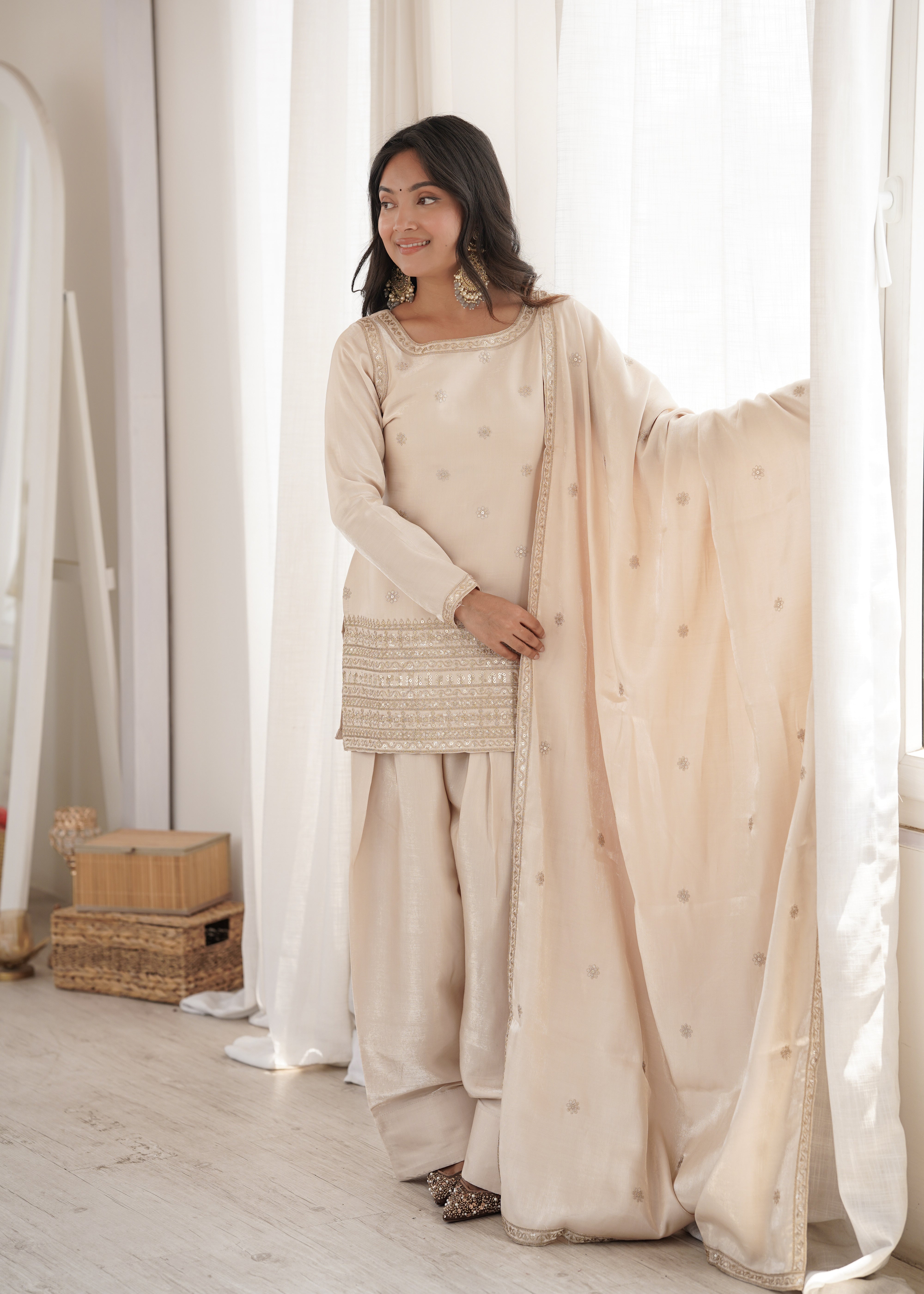 Champagne Beige Glass Roman Silk Kurta Set with Farshi Shalwar & Dupatta | NARDEV FASHION