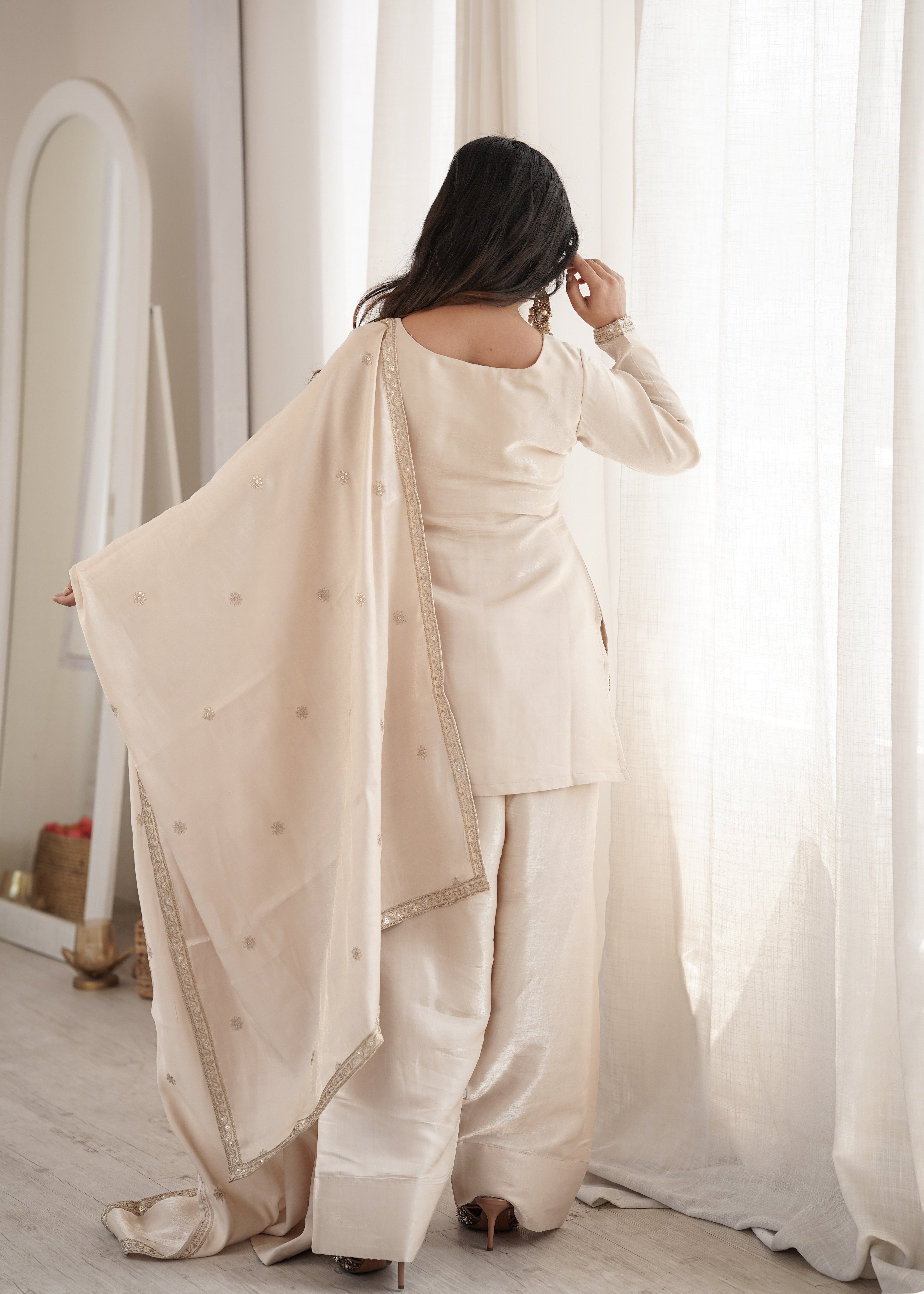 Champagne Beige Glass Roman Silk Kurta Set with Farshi Shalwar & Dupatta | NARDEV FASHION