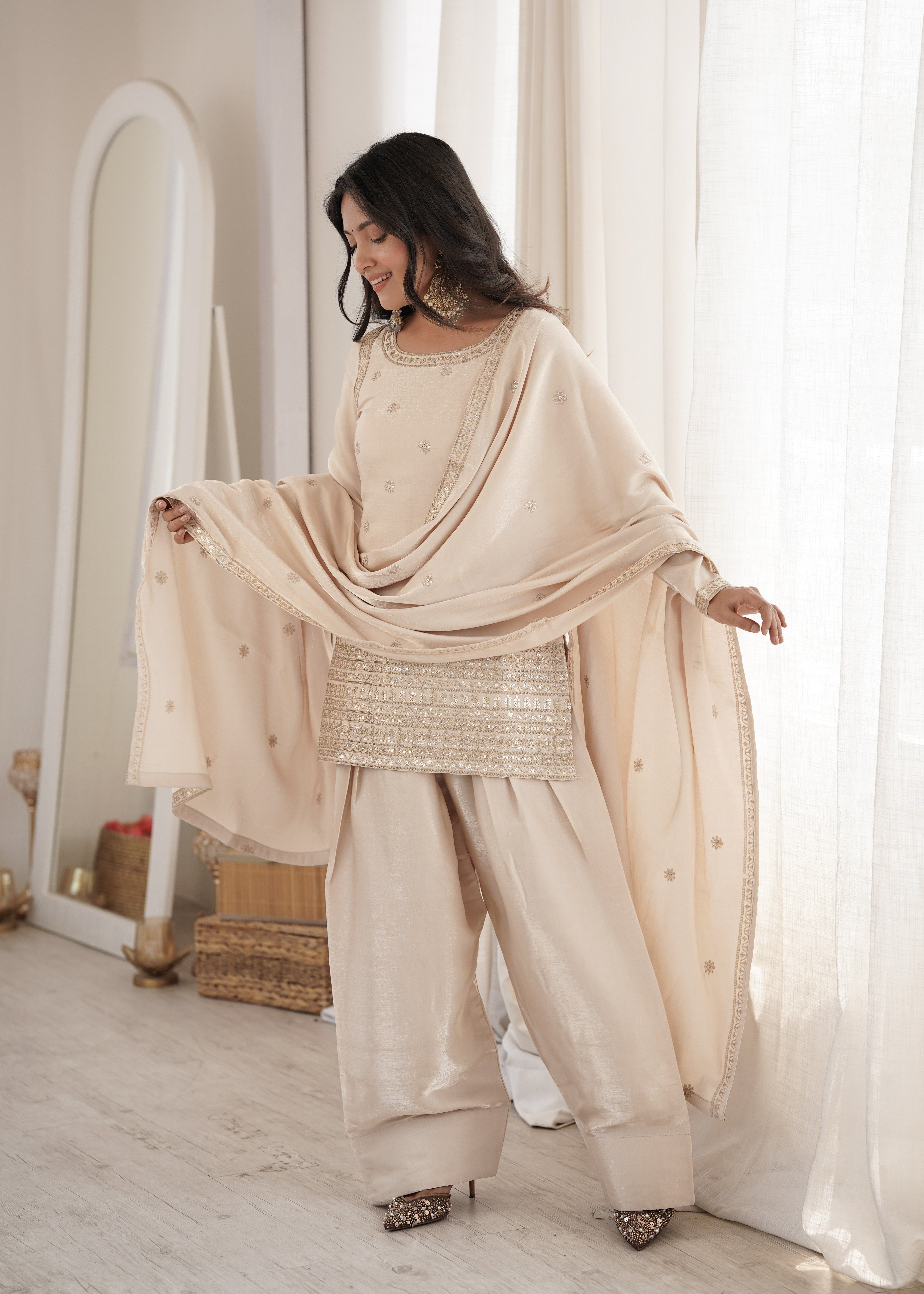 Champagne Beige Glass Roman Silk Kurta Set with Farshi Shalwar & Dupatta | NARDEV FASHION