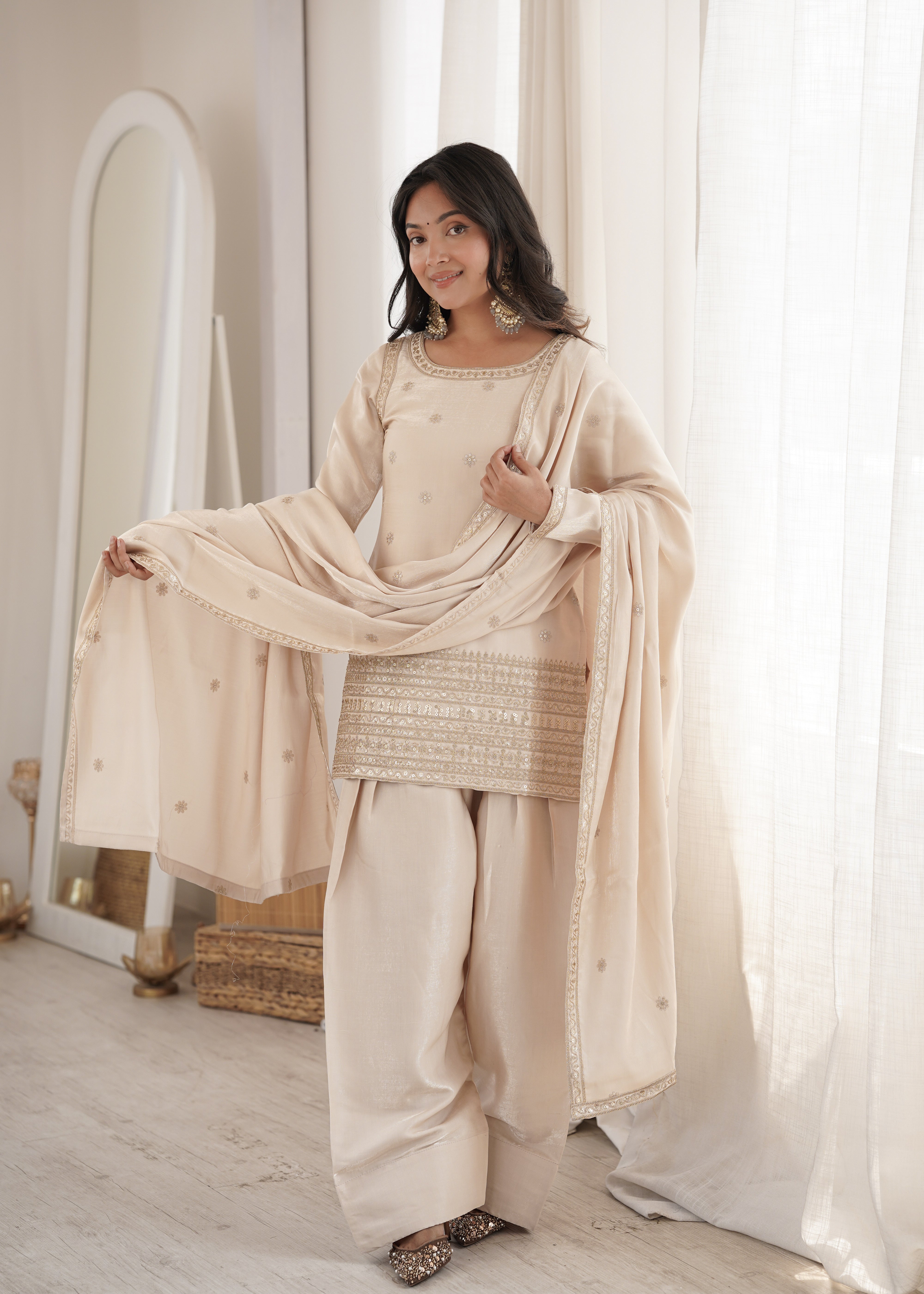 Champagne Beige Glass Roman Silk Kurta Set with Farshi Shalwar & Dupatta | NARDEV FASHION