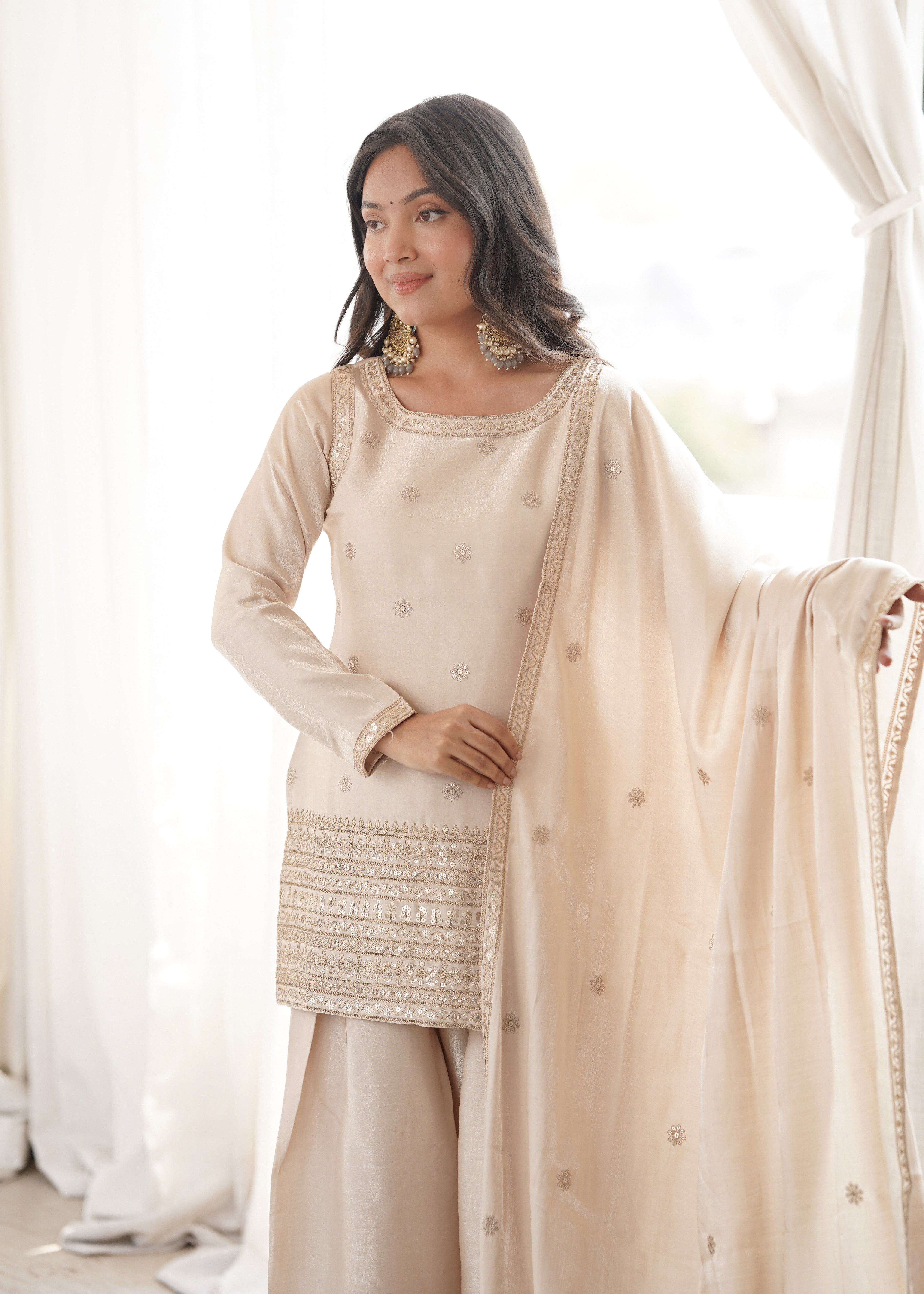 Champagne Beige Glass Roman Silk Kurta Set with Farshi Shalwar & Dupatta | NARDEV FASHION