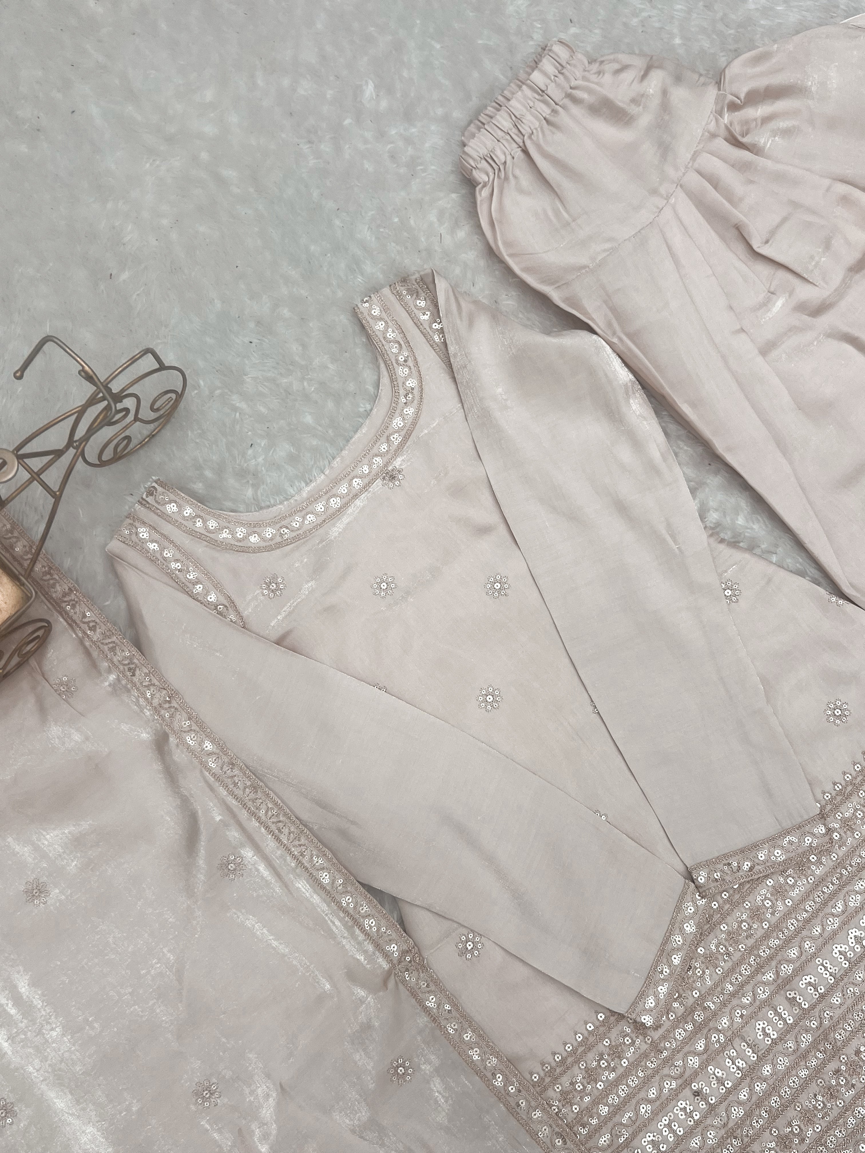 Champagne Beige Glass Roman Silk Kurta Set with Farshi Shalwar & Dupatta | NARDEV FASHION