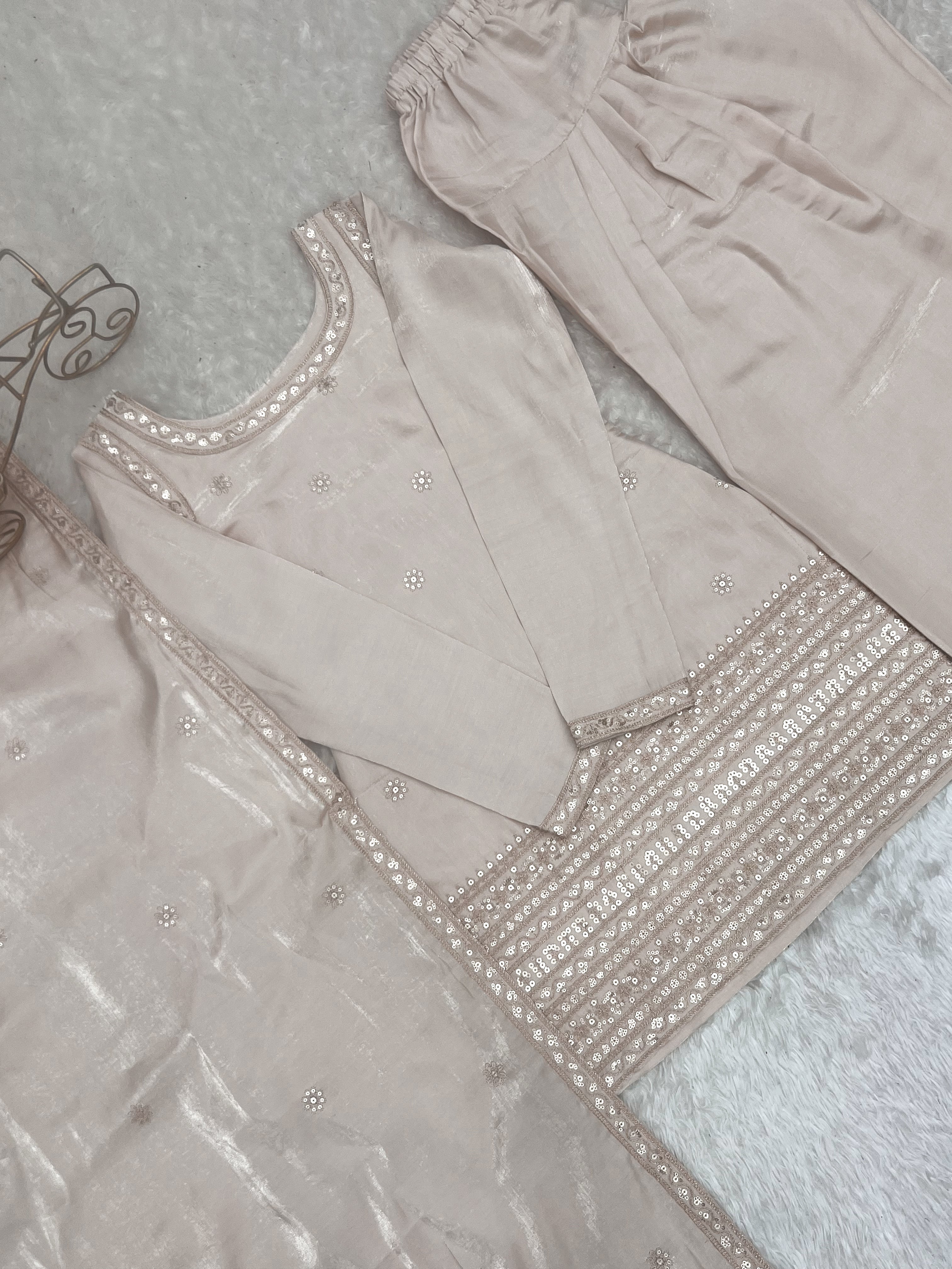 Champagne Beige Glass Roman Silk Kurta Set with Farshi Shalwar & Dupatta | NARDEV FASHION