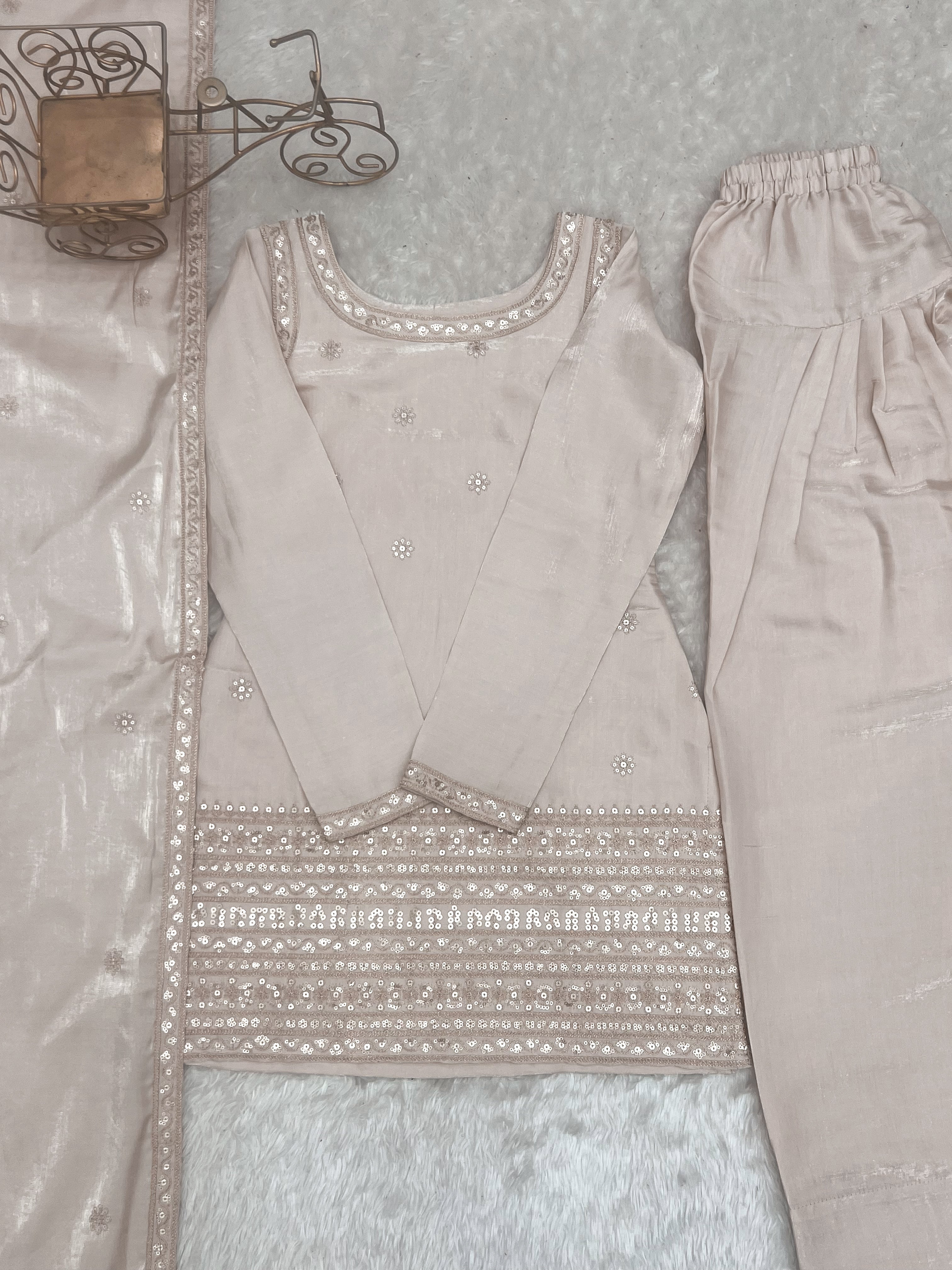 Champagne Beige Glass Roman Silk Kurta Set with Farshi Shalwar & Dupatta | NARDEV FASHION