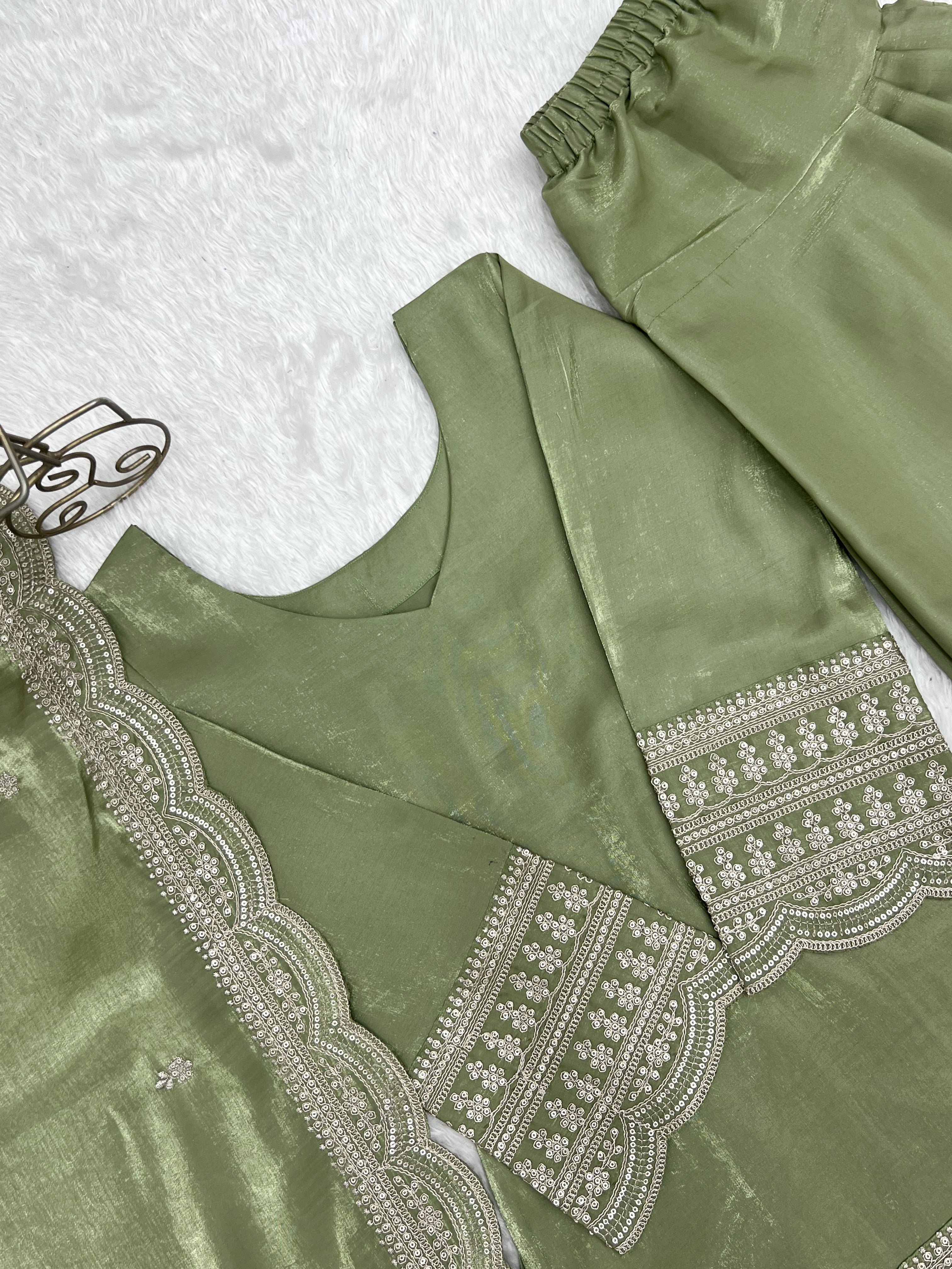 Pistachio Pearl Green Glass Roman Silk Kurta Set with Farshi Shalwar & Dupatta | Festive Wear for Women