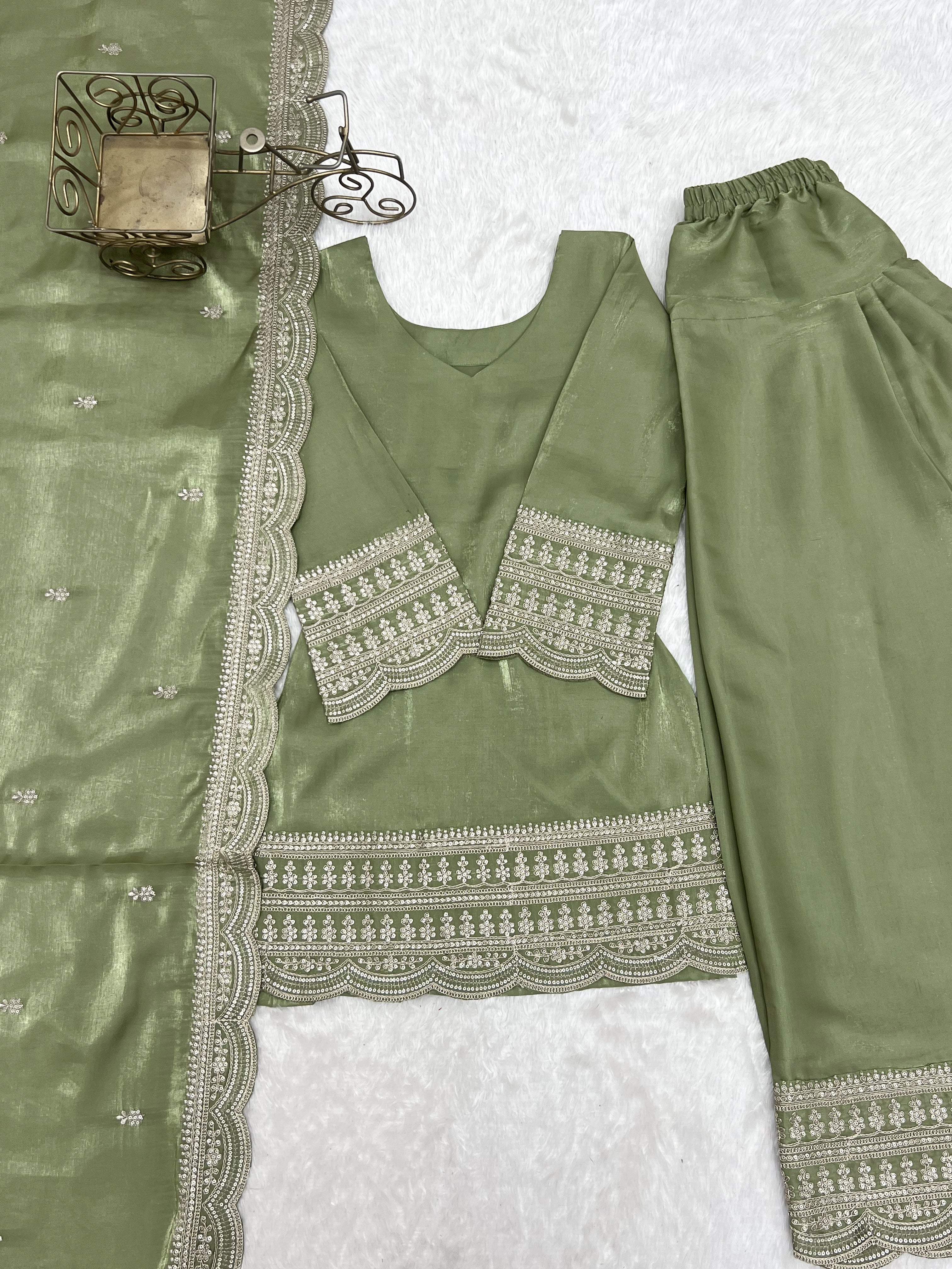 Pistachio Pearl Green Glass Roman Silk Kurta Set with Farshi Shalwar & Dupatta | Festive Wear for Women