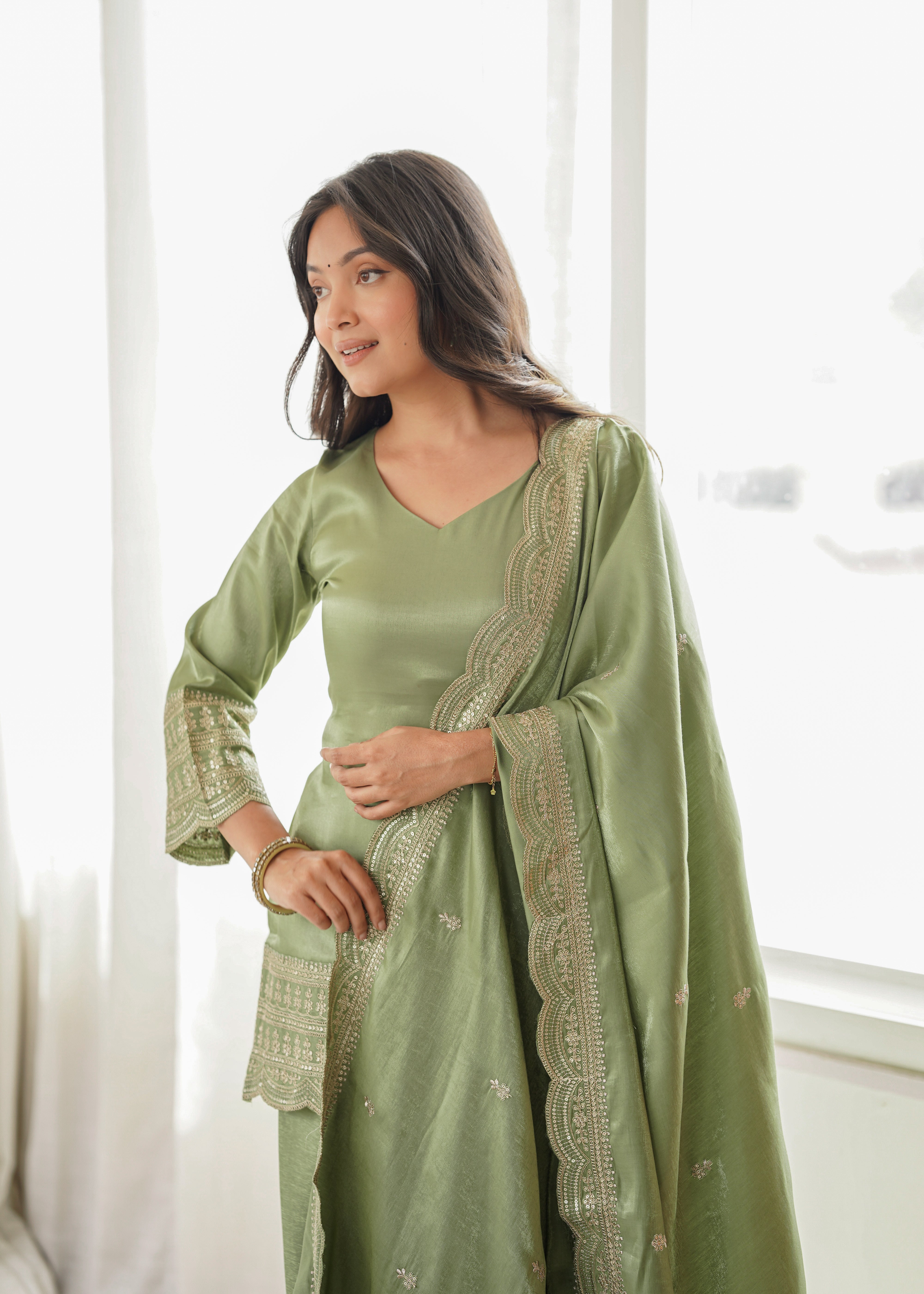 Pistachio Pearl Green Glass Roman Silk Kurta Set with Farshi Shalwar & Dupatta | Festive Wear for Women