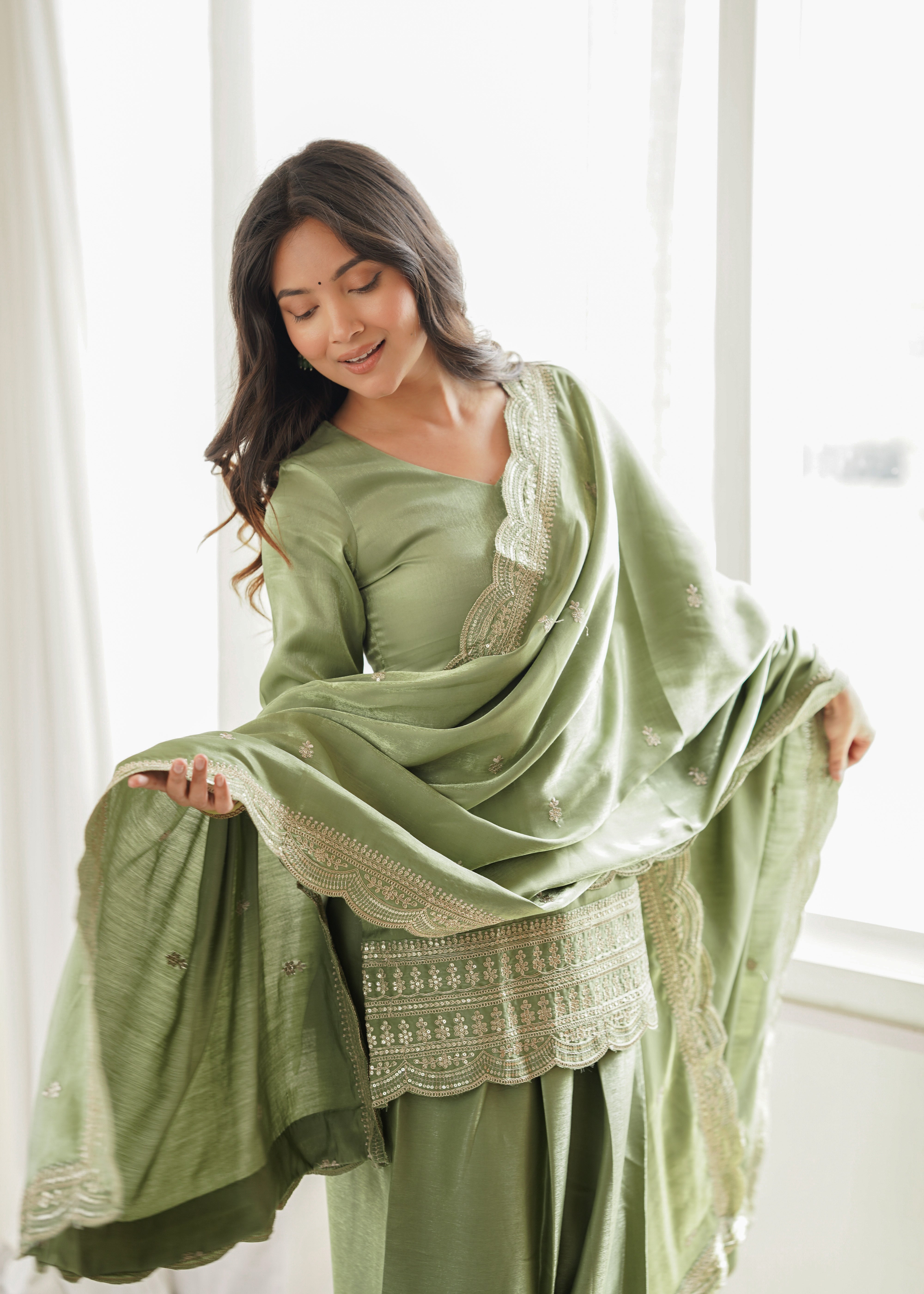 Pistachio Pearl Green Glass Roman Silk Kurta Set with Farshi Shalwar & Dupatta | Festive Wear for Women