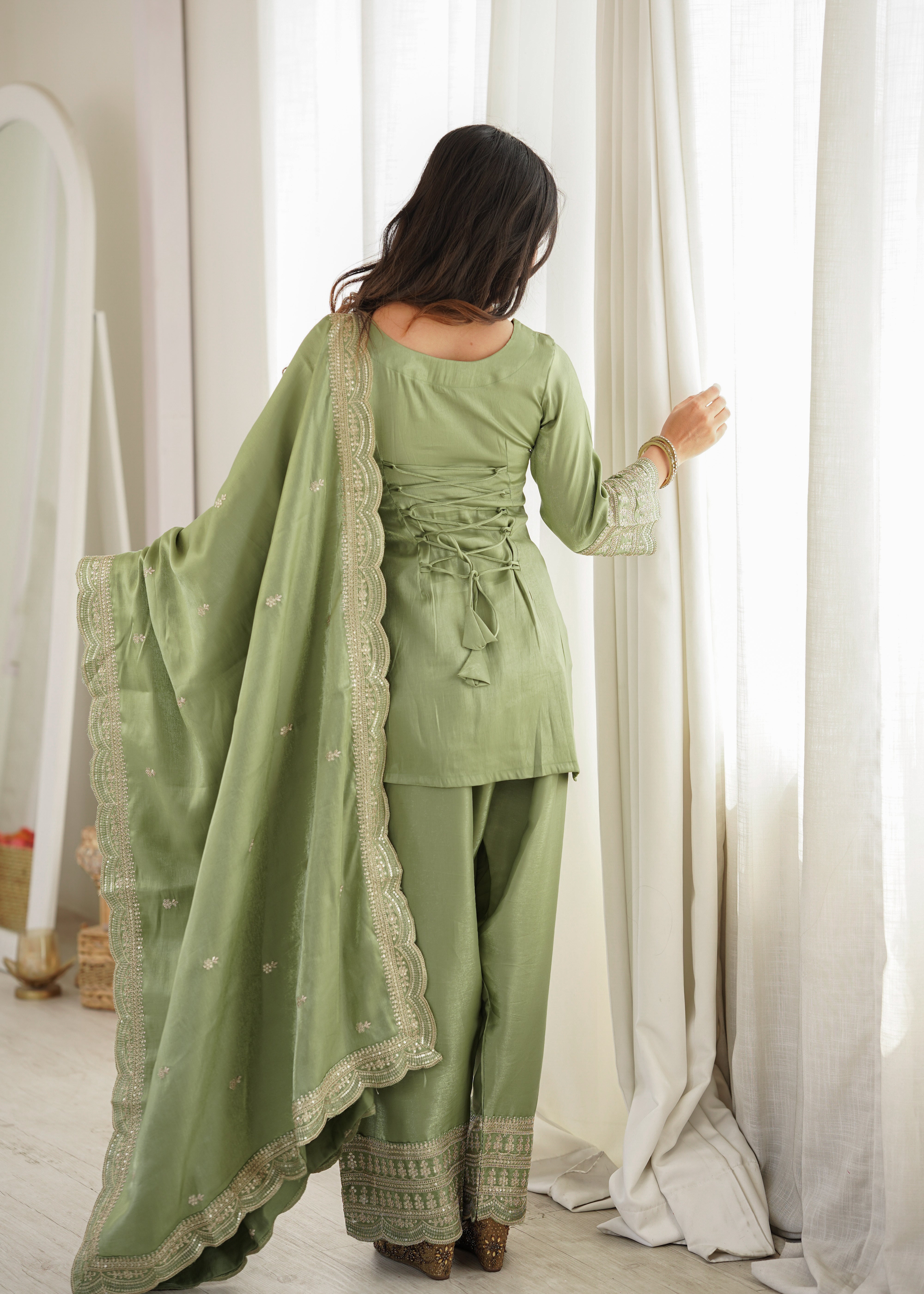 Pistachio Pearl Green Glass Roman Silk Kurta Set with Farshi Shalwar & Dupatta | Festive Wear for Women