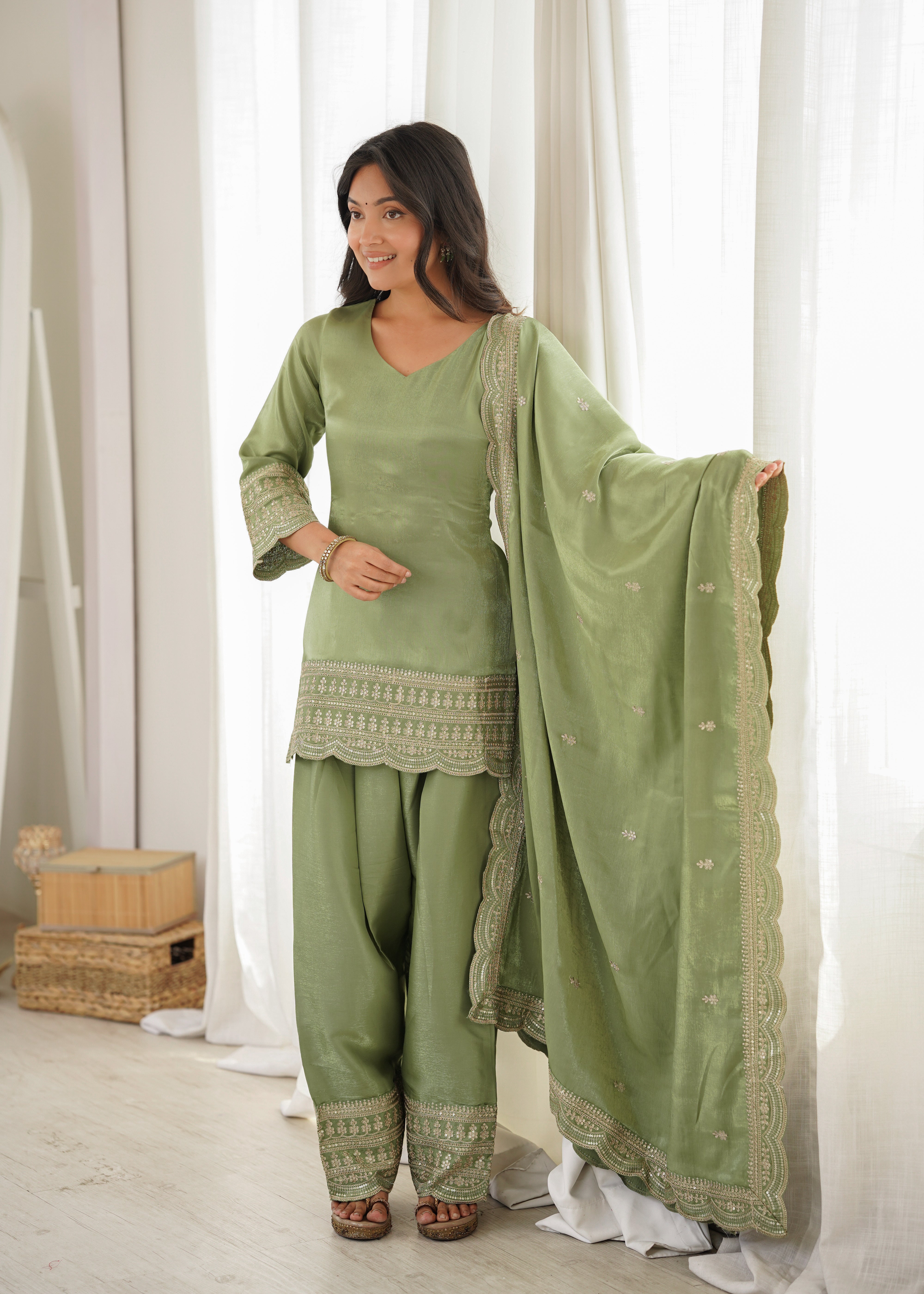 Pistachio Pearl Green Glass Roman Silk Kurta Set with Farshi Shalwar & Dupatta | Festive Wear for Women