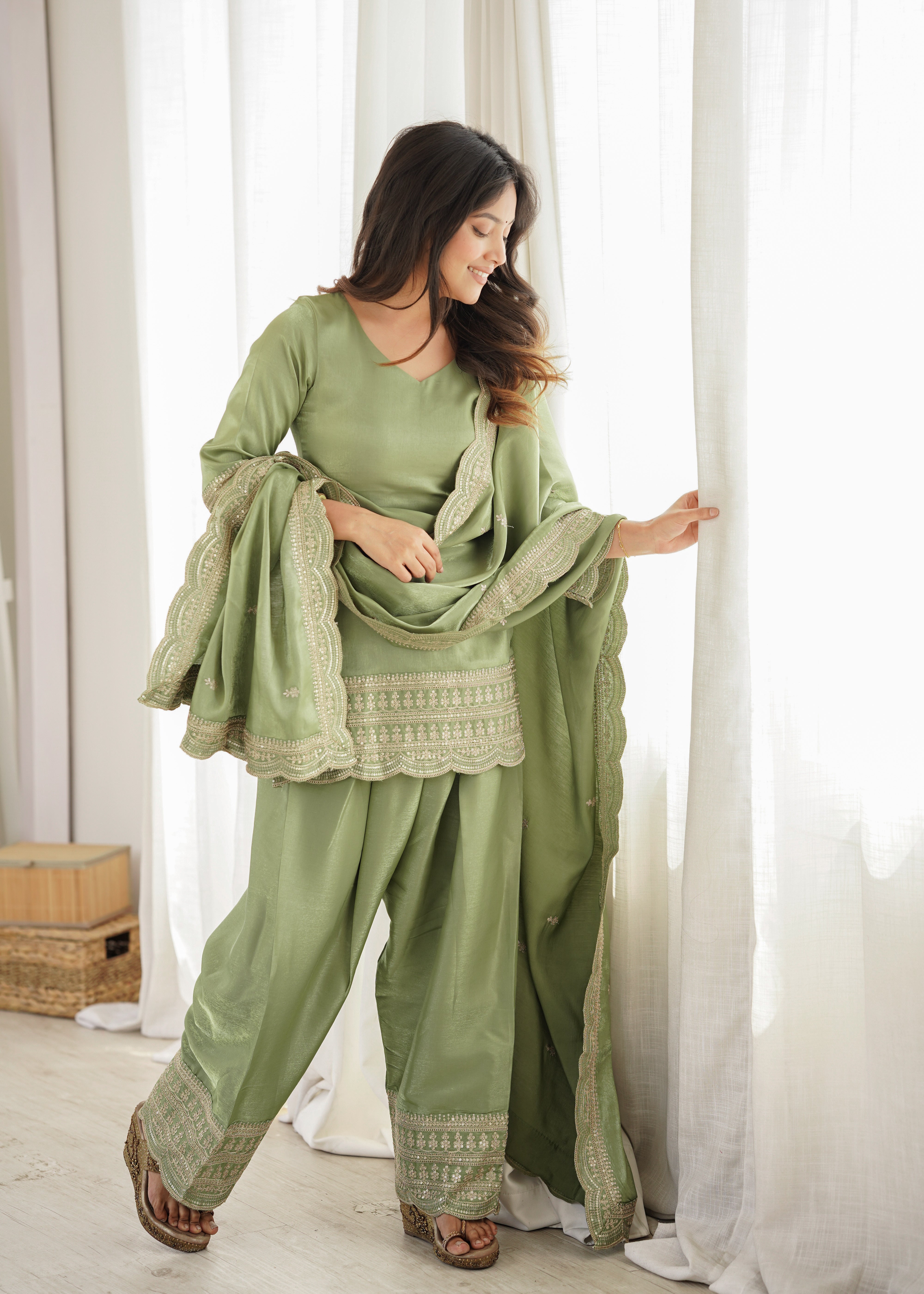 Pistachio Pearl Green Glass Roman Silk Kurta Set with Farshi Shalwar & Dupatta | Festive Wear for Women