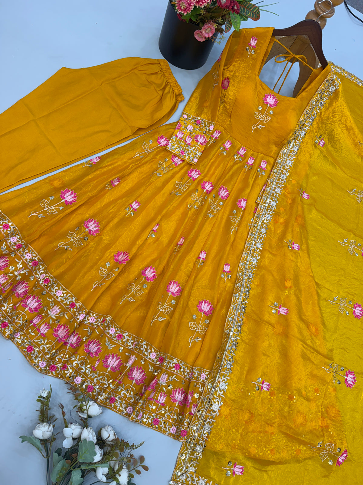 Mustard Yellow Fendy Silk Embroidered Anarkali Gown Set with Dupatta