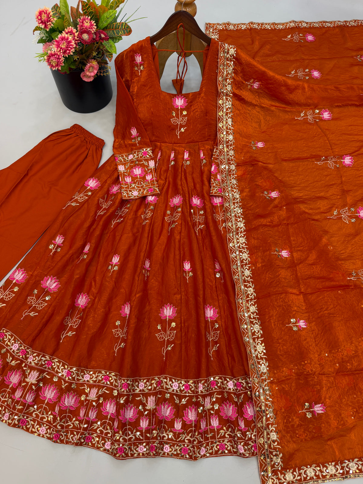 Rust Orange Fendy Silk Floral Embroidered Anarkali Gown Set with Dupatta