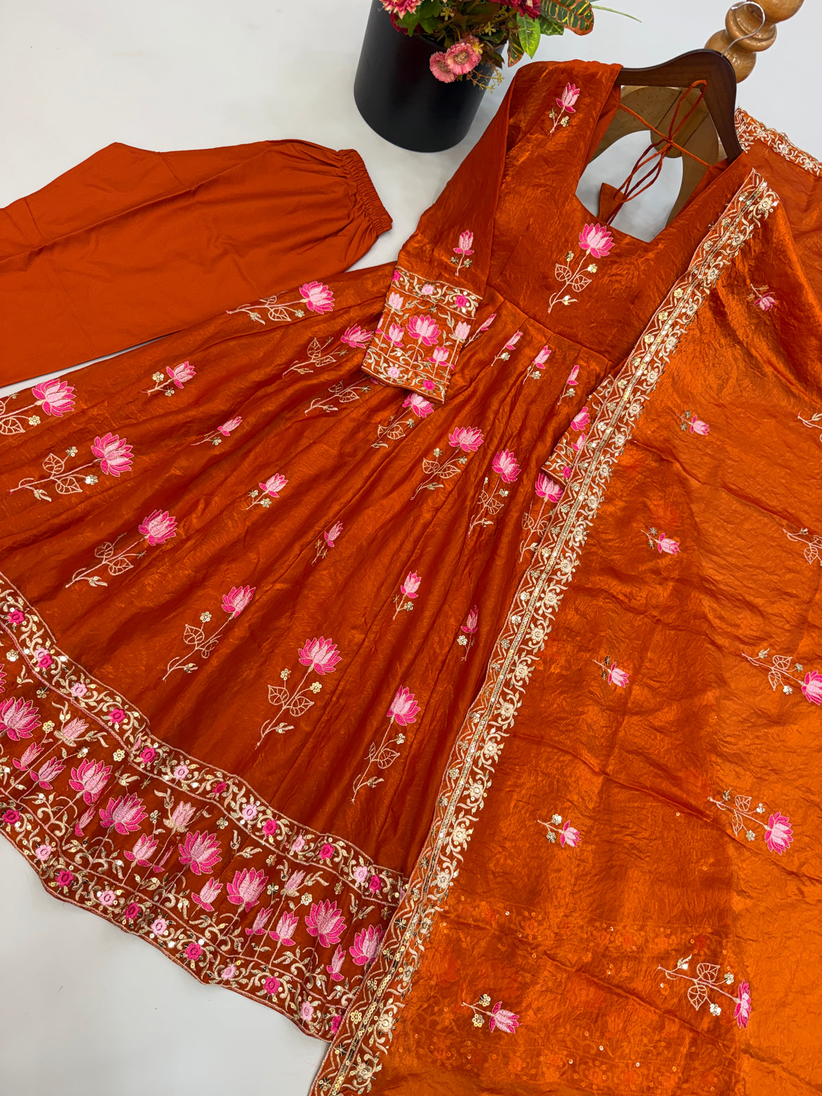 Rust Orange Fendy Silk Floral Embroidered Anarkali Gown Set with Dupatta