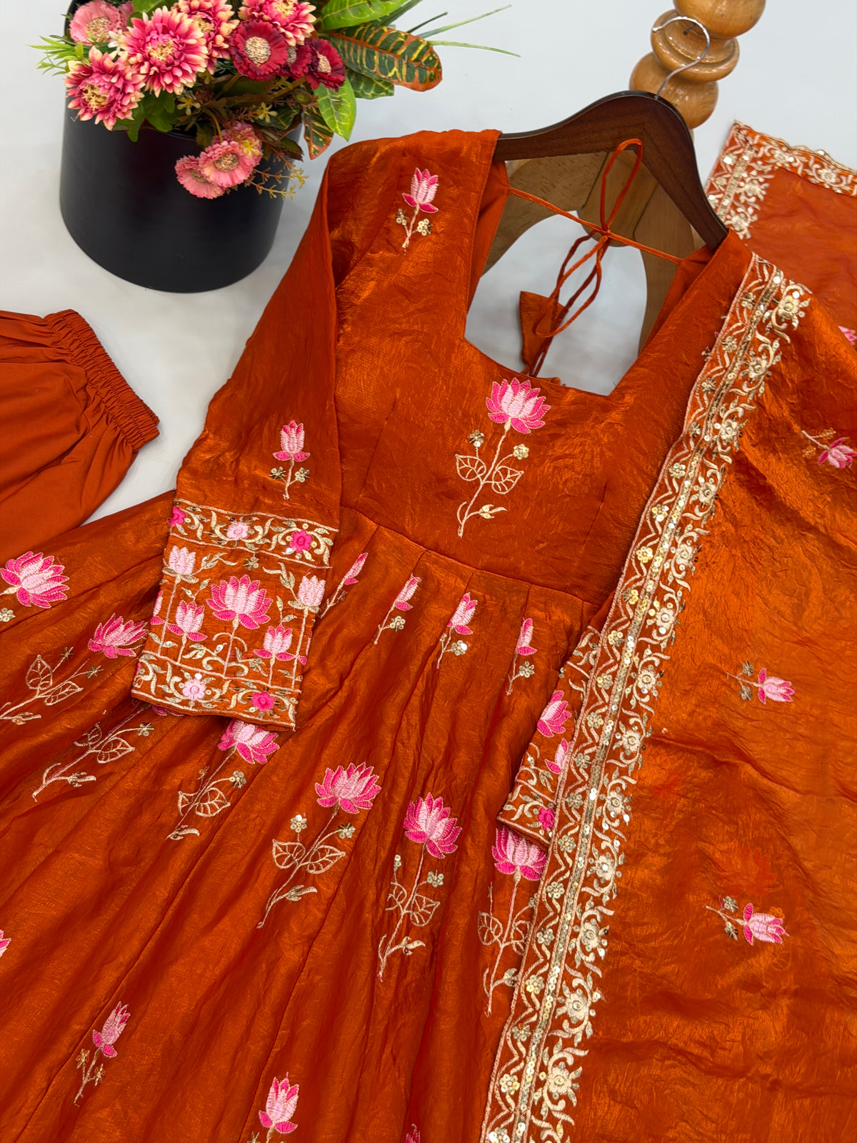 Rust Orange Fendy Silk Floral Embroidered Anarkali Gown Set with Dupatta
