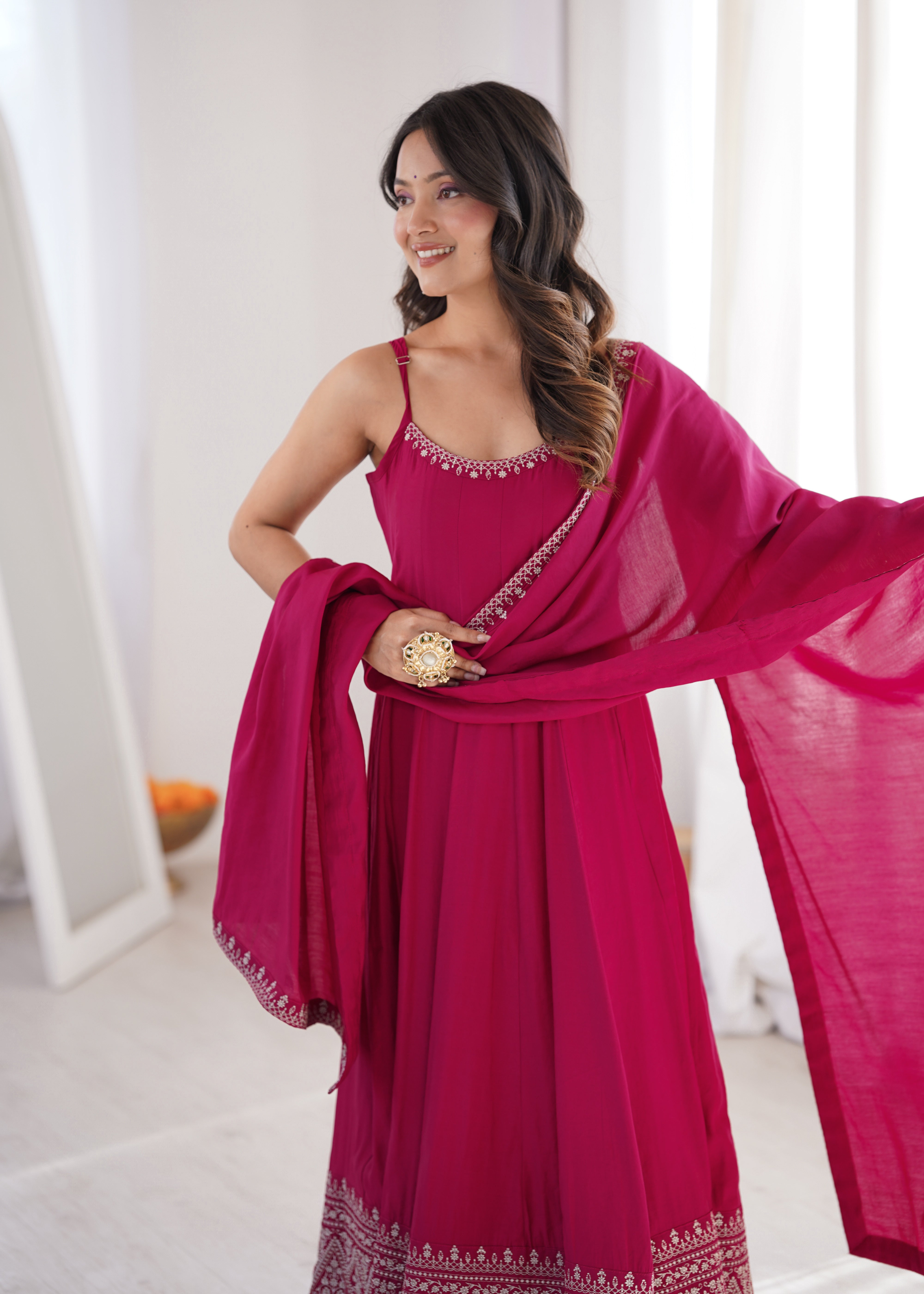 Rani Pink Pure Roman Silk Chanderi Anarkali Set with Dupatta | Nardev Fashion