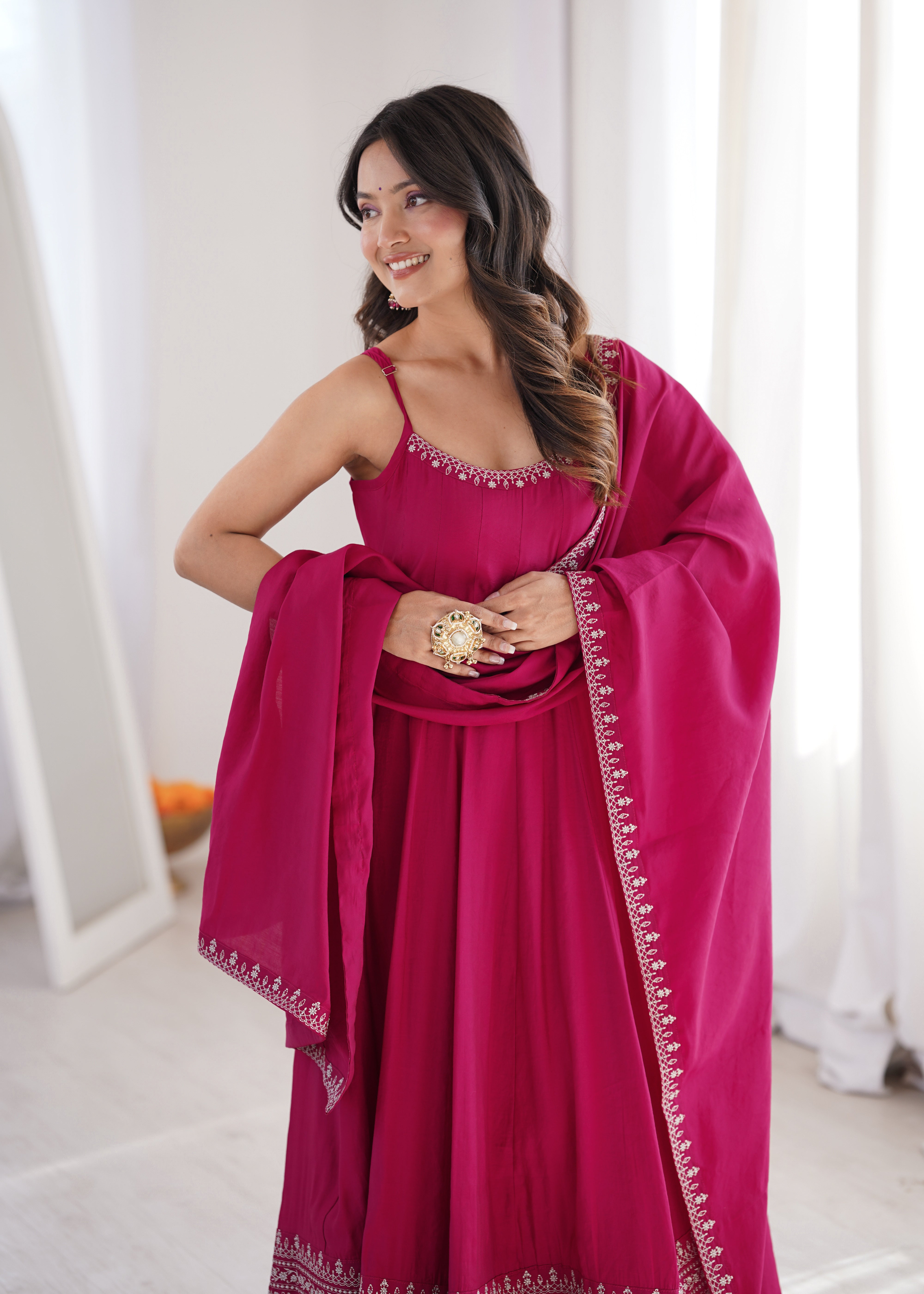 Rani Pink Pure Roman Silk Chanderi Anarkali Set with Dupatta | Nardev Fashion