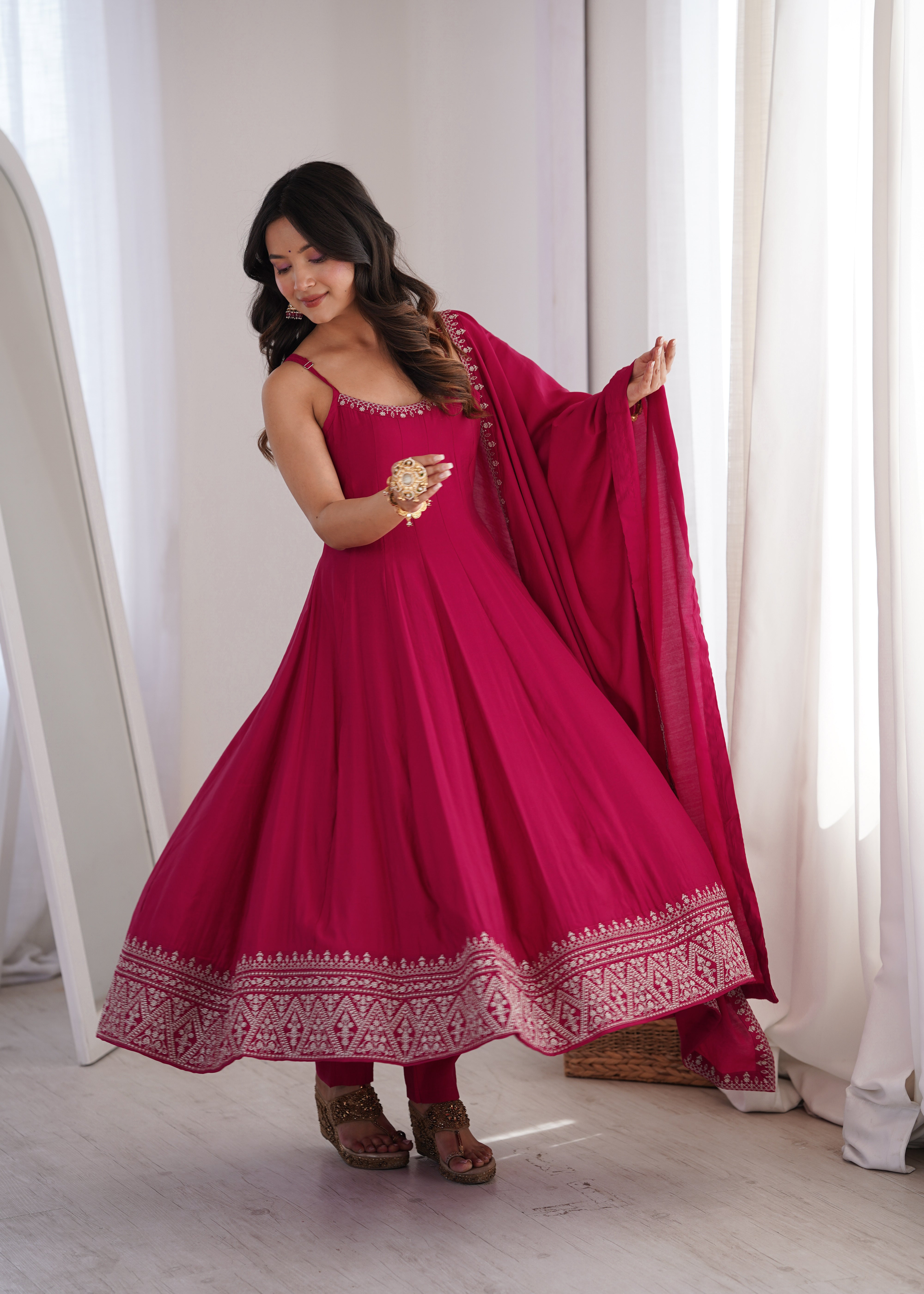 Rani Pink Pure Roman Silk Chanderi Anarkali Set with Dupatta | Nardev Fashion