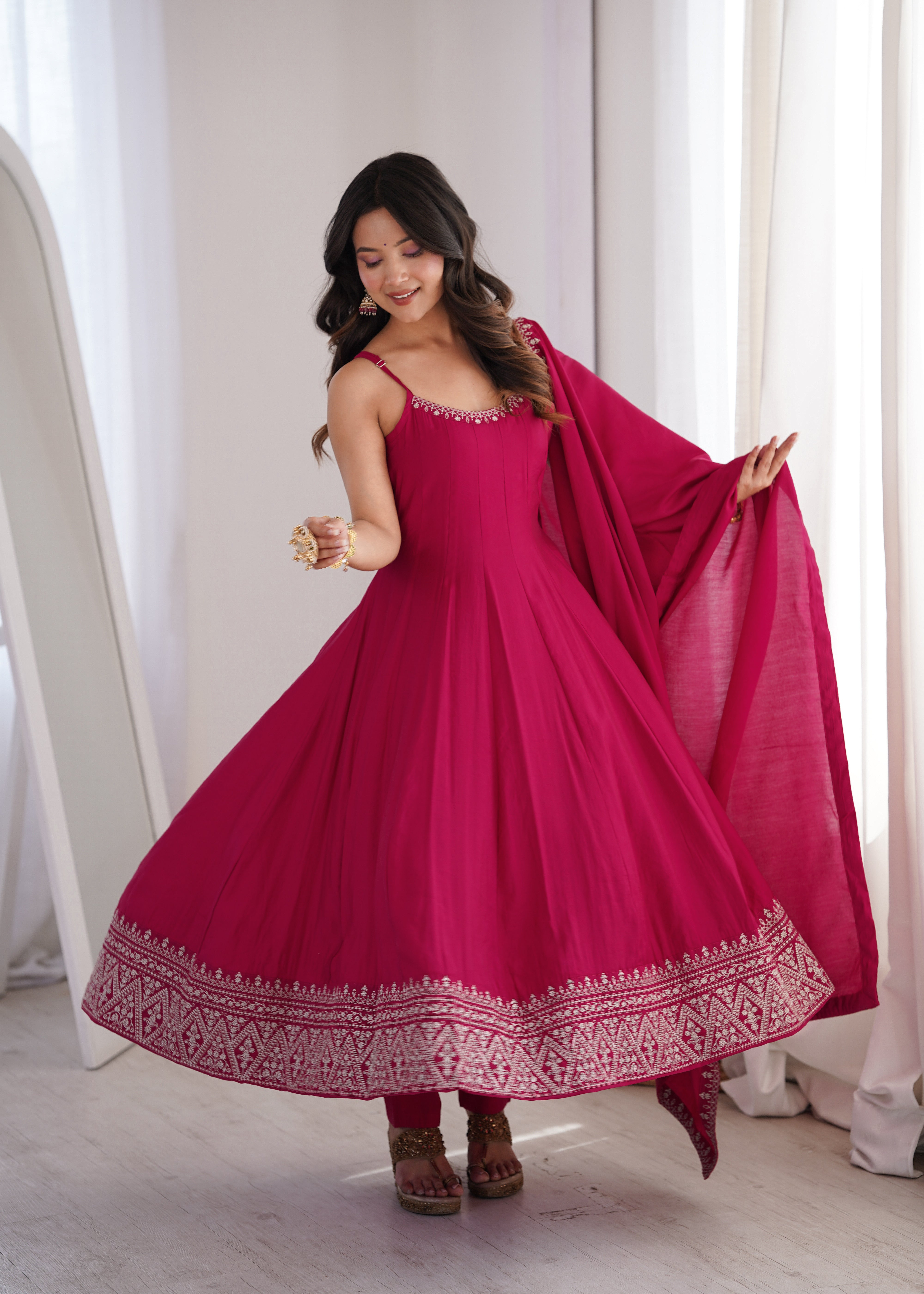 Rani Pink Pure Roman Silk Chanderi Anarkali Set with Dupatta | Nardev Fashion