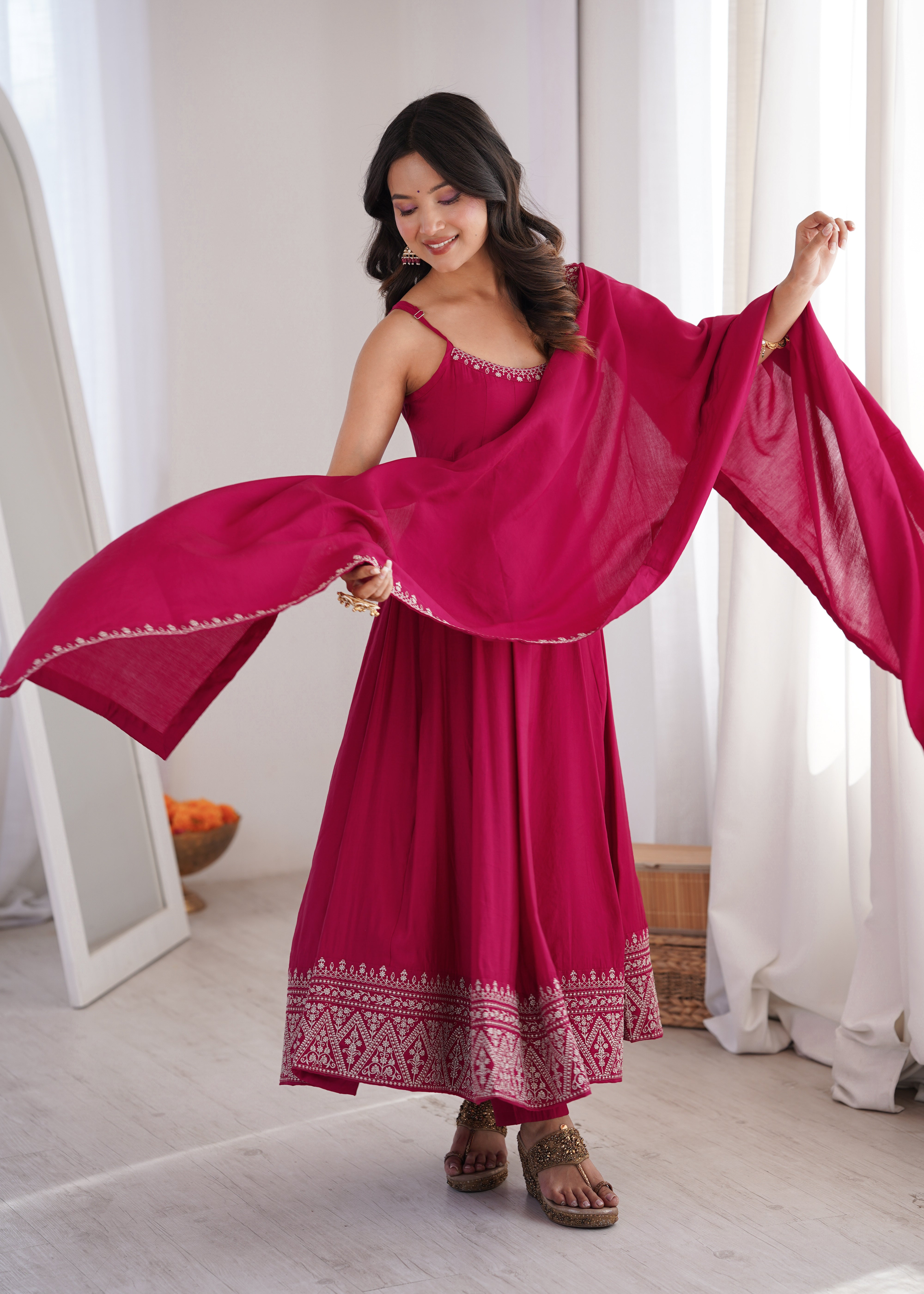 Rani Pink Pure Roman Silk Chanderi Anarkali Set with Dupatta | Nardev Fashion