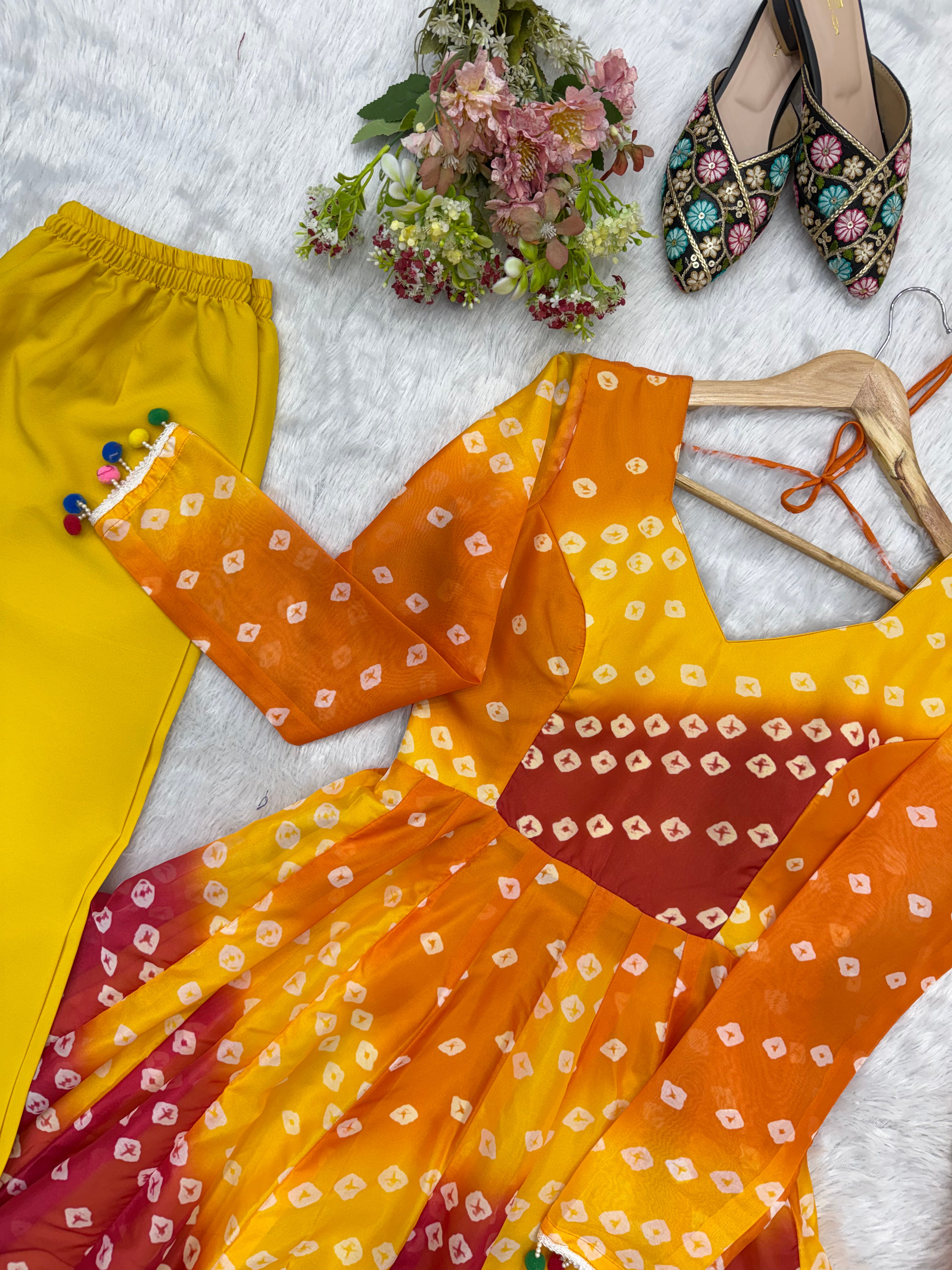 Sunset Orange Bandhani Printed Organza Anarkali Gown Set with Dupatta & Pant