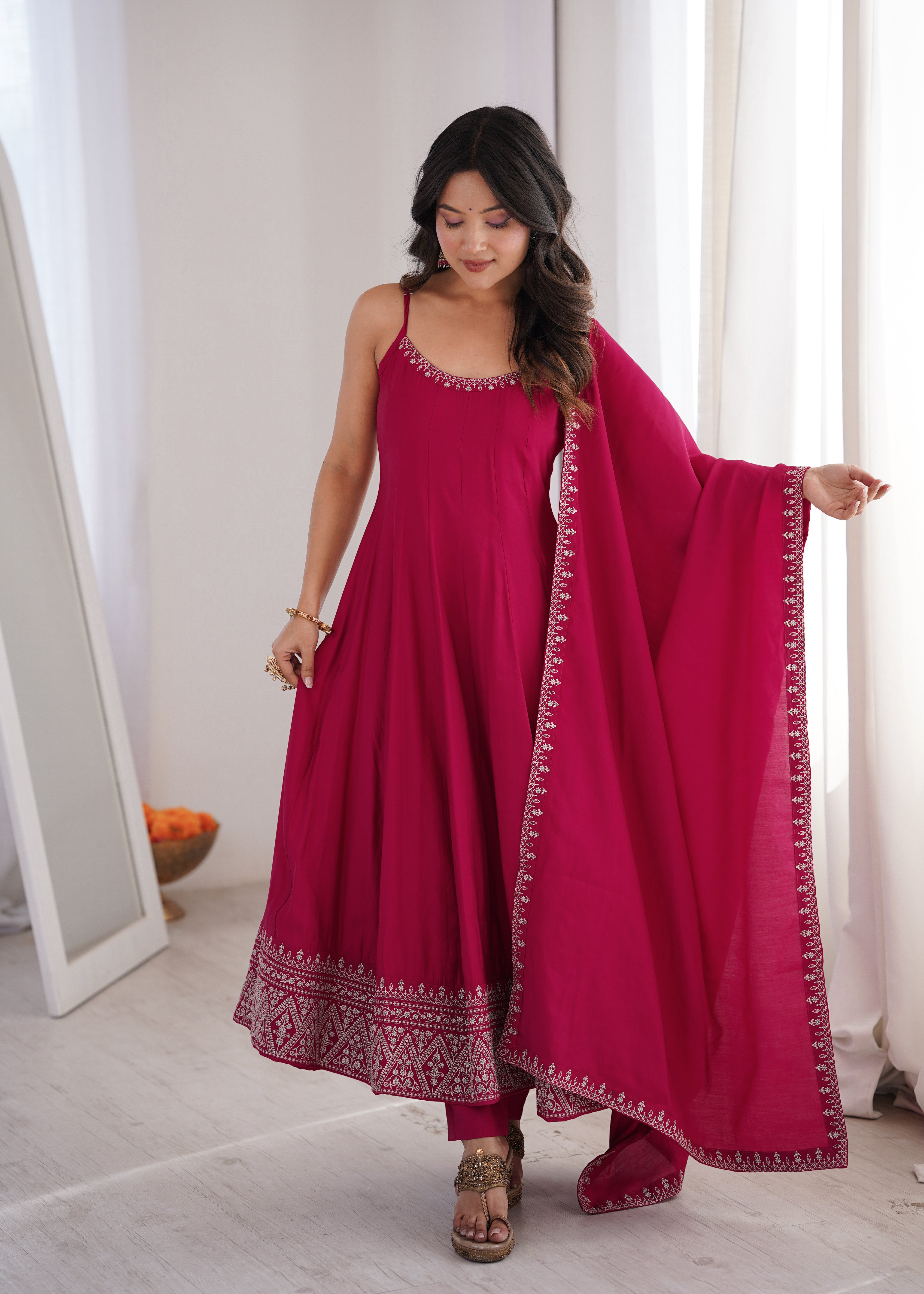 Rani Pink Pure Roman Silk Chanderi Anarkali Set with Dupatta | Nardev Fashion