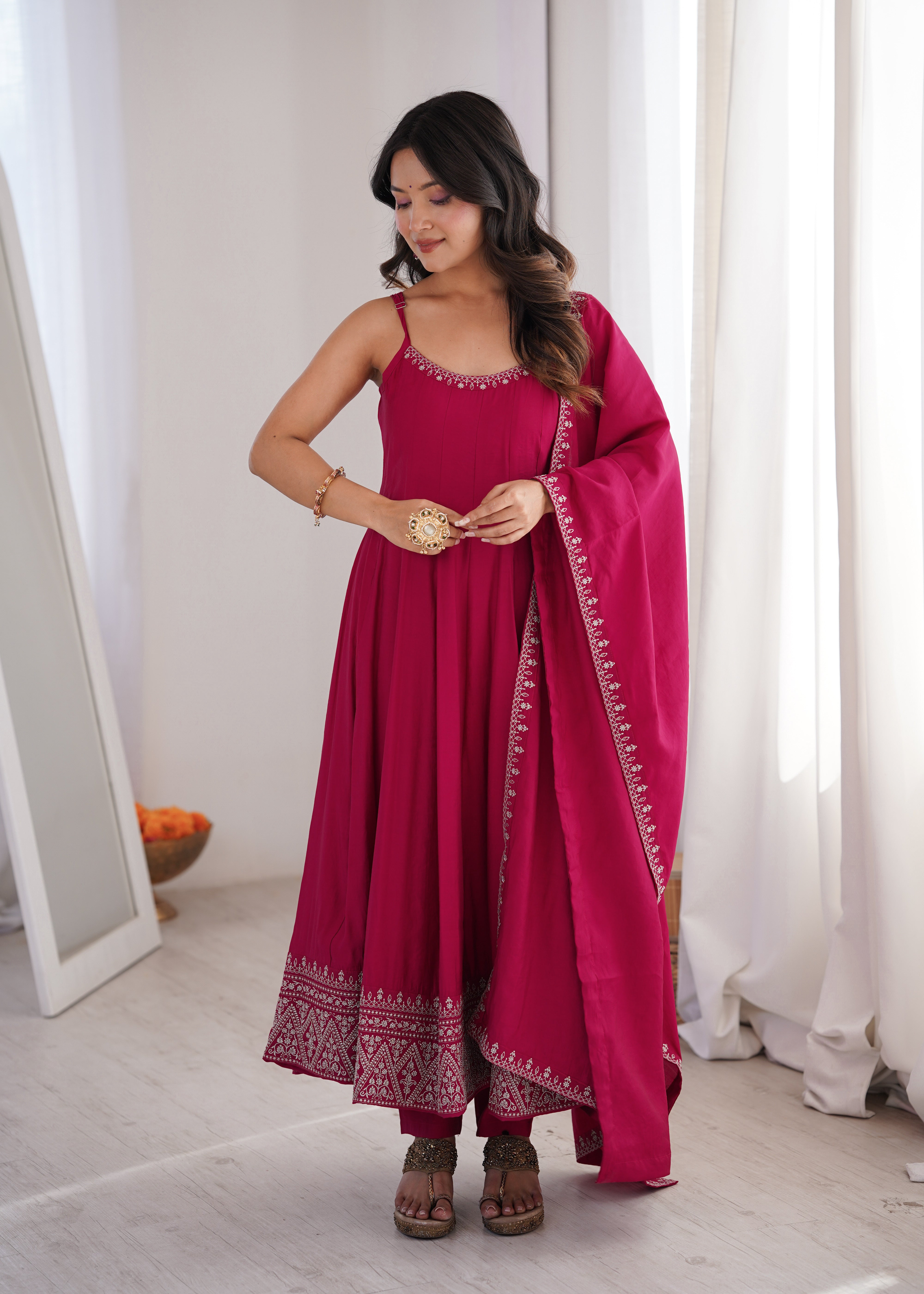 Rani Pink Pure Roman Silk Chanderi Anarkali Set with Dupatta | Nardev Fashion