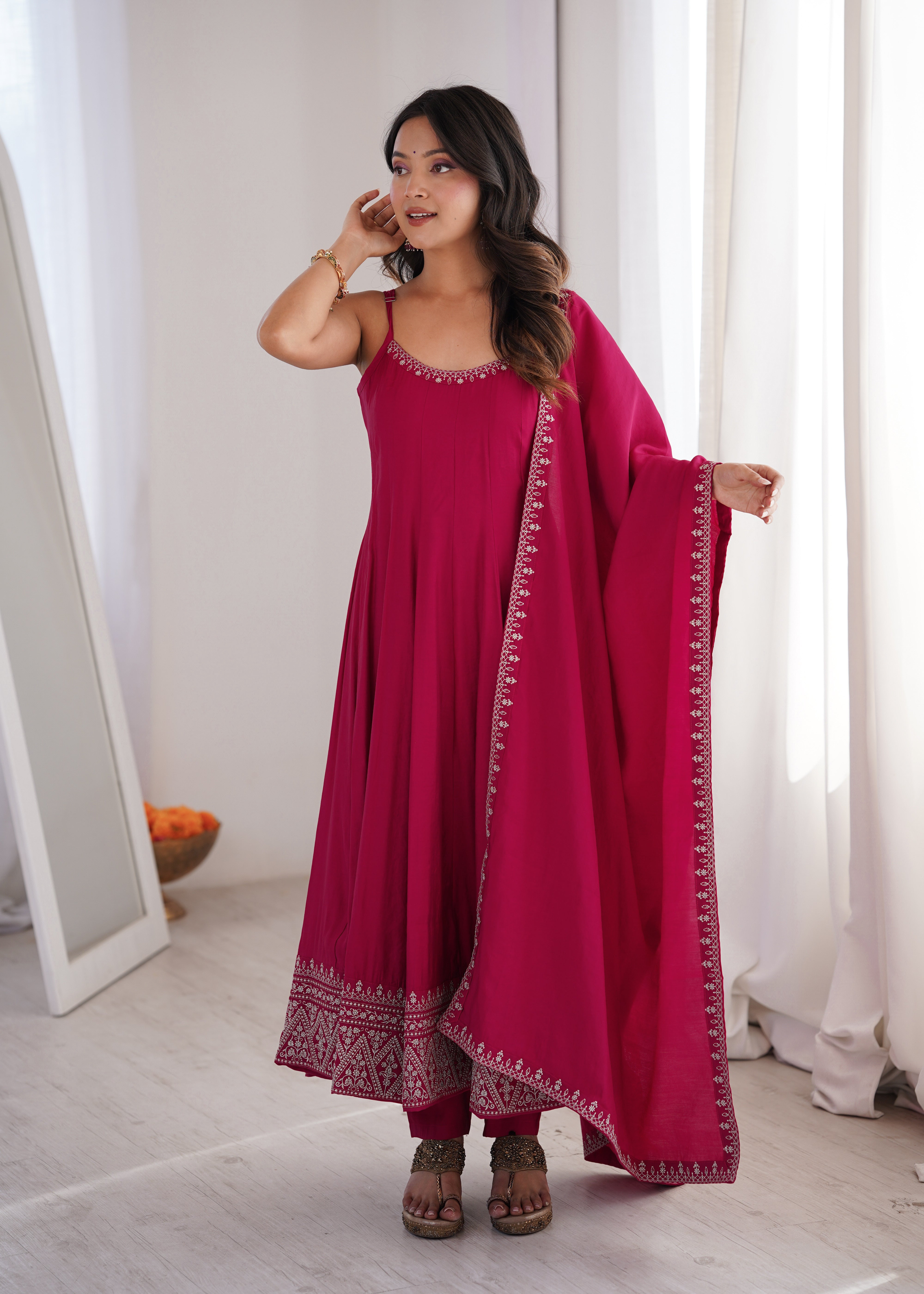 Rani Pink Pure Roman Silk Chanderi Anarkali Set with Dupatta | Nardev Fashion