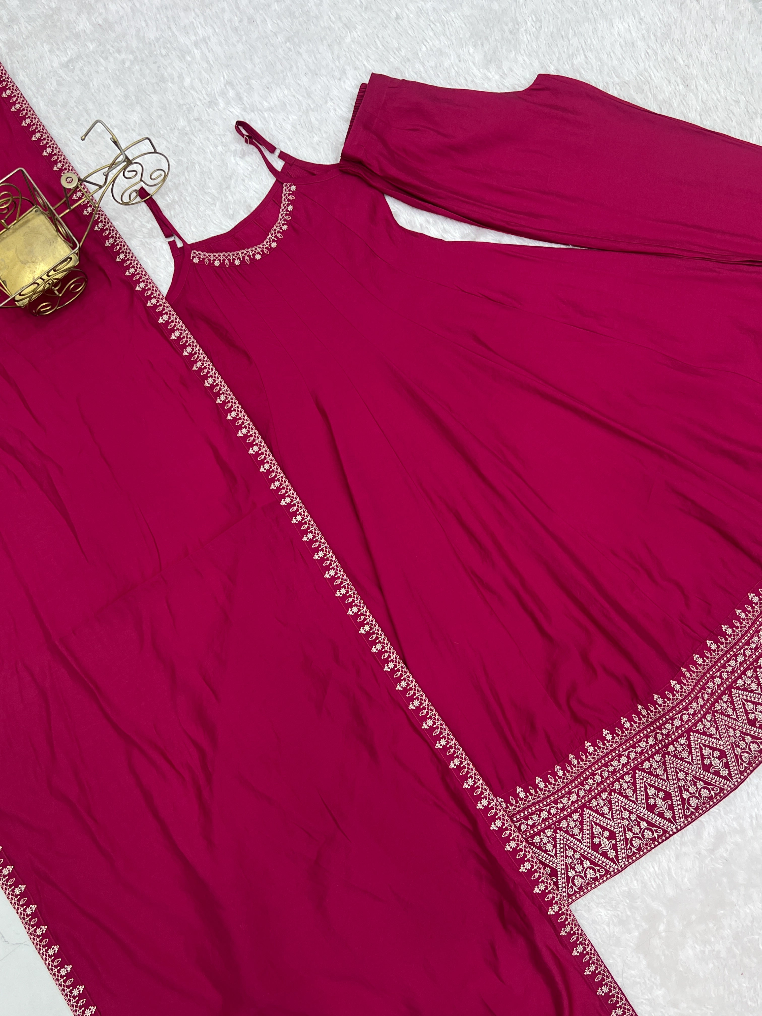 Rani Pink Pure Roman Silk Chanderi Anarkali Set with Dupatta | Nardev Fashion