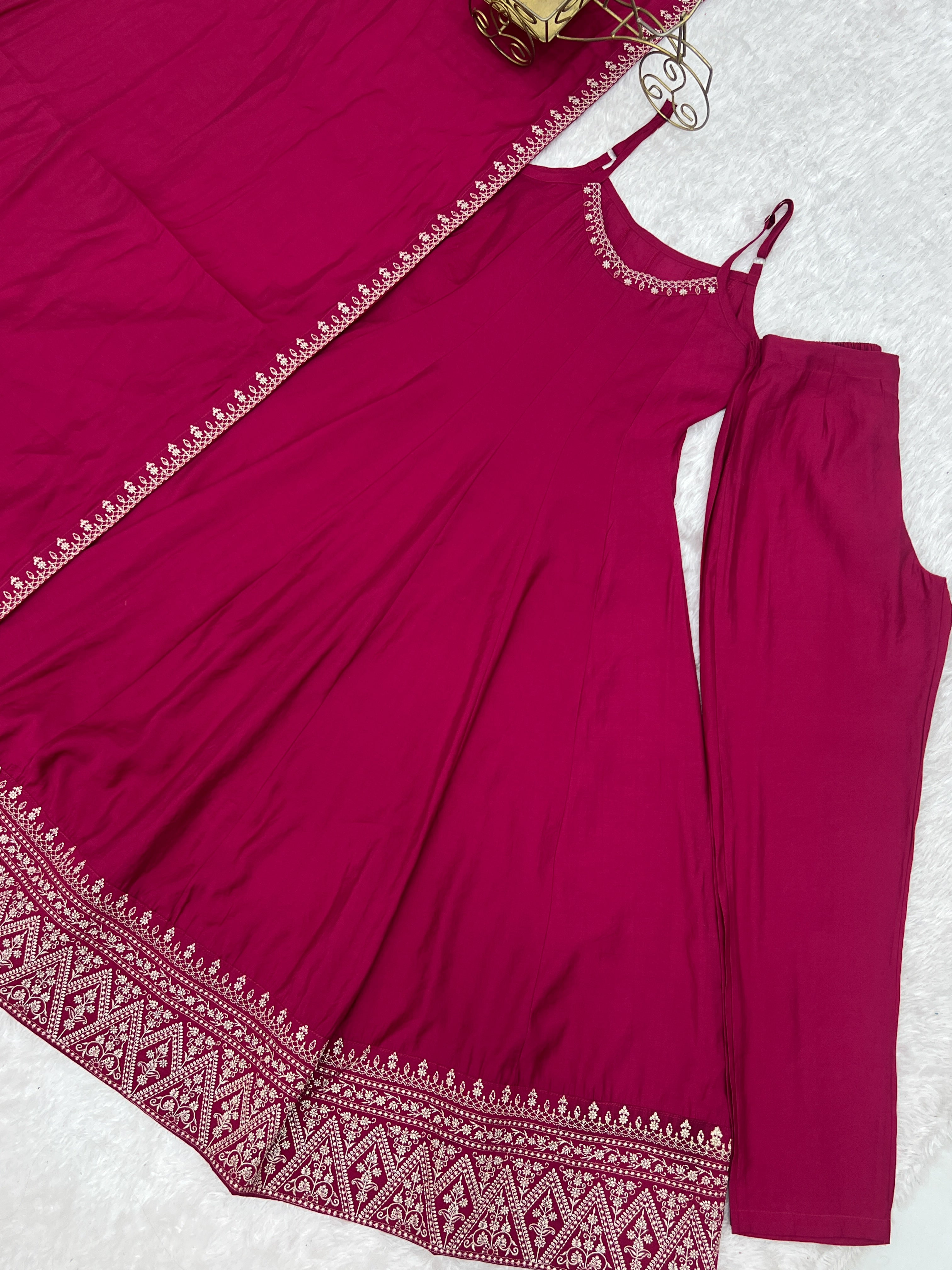 Rani Pink Pure Roman Silk Chanderi Anarkali Set with Dupatta | Nardev Fashion