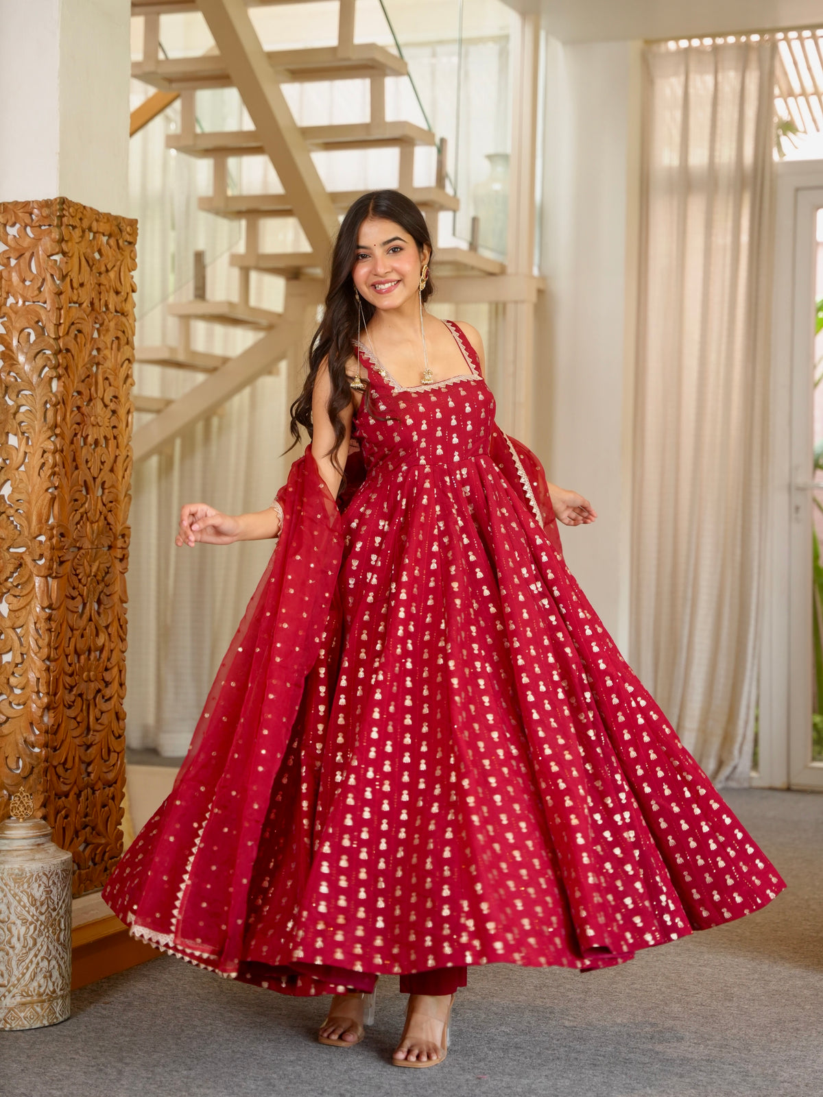 Ruby Red Chinon Anarkali Gown Set with Sequin Embroidery & Dupatta
