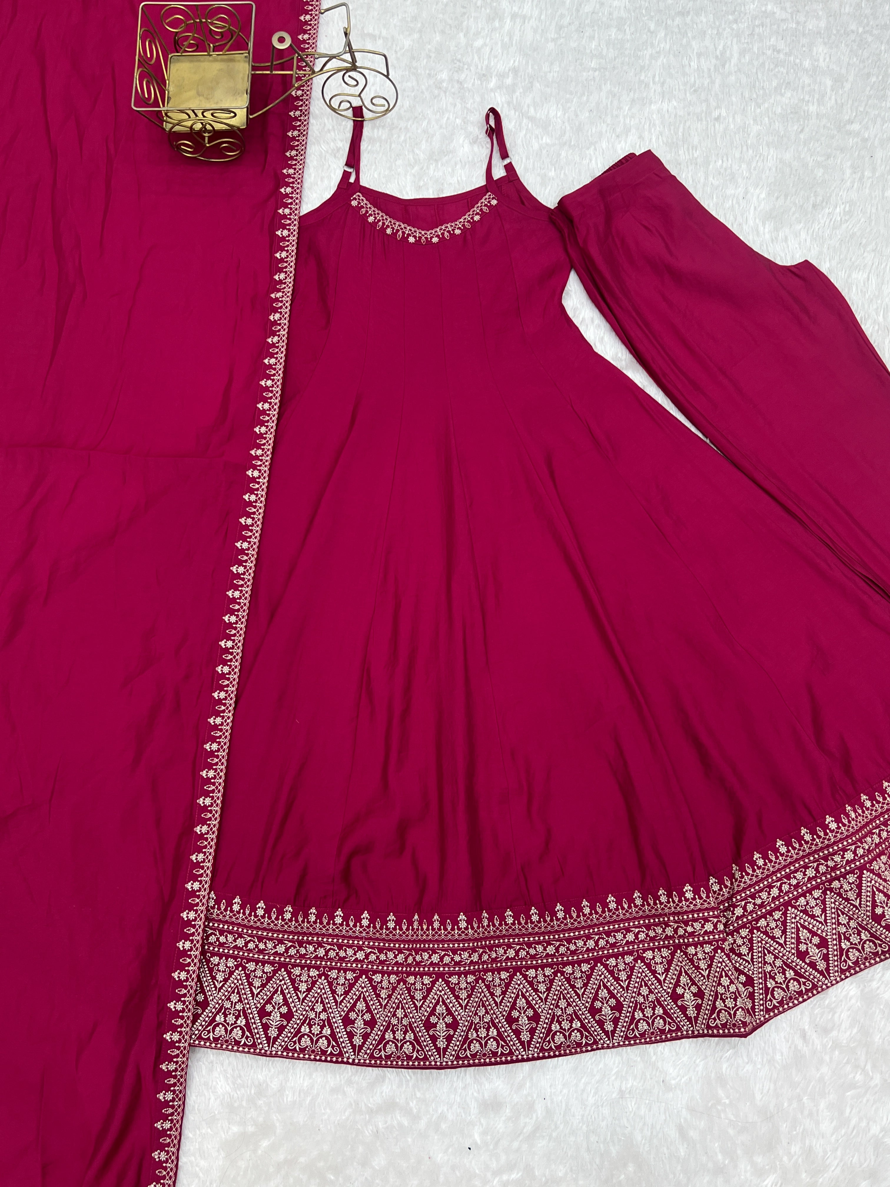 Rani Pink Pure Roman Silk Chanderi Anarkali Set with Dupatta | Nardev Fashion