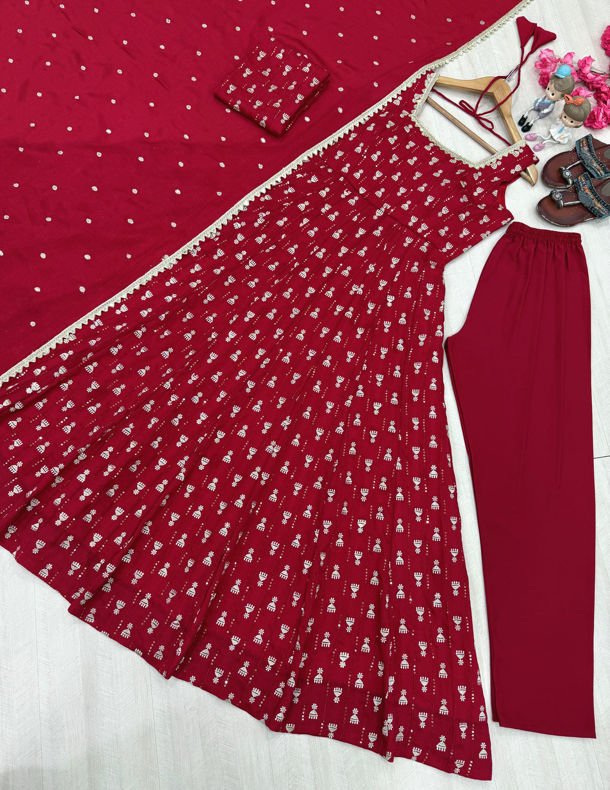 Ruby Red Chinon Anarkali Gown Set with Sequin Embroidery & Dupatta