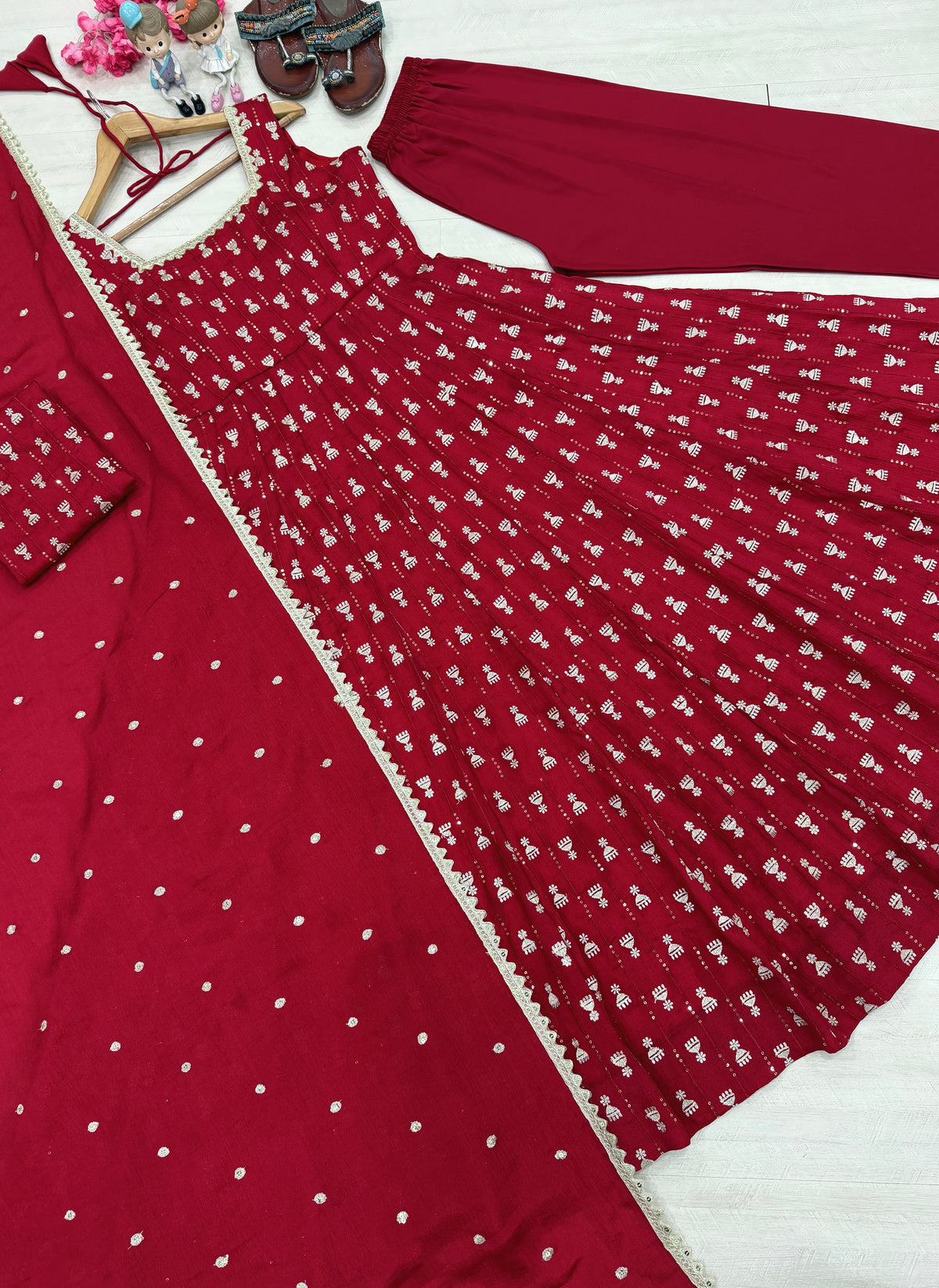 Ruby Red Chinon Anarkali Gown Set with Sequin Embroidery & Dupatta
