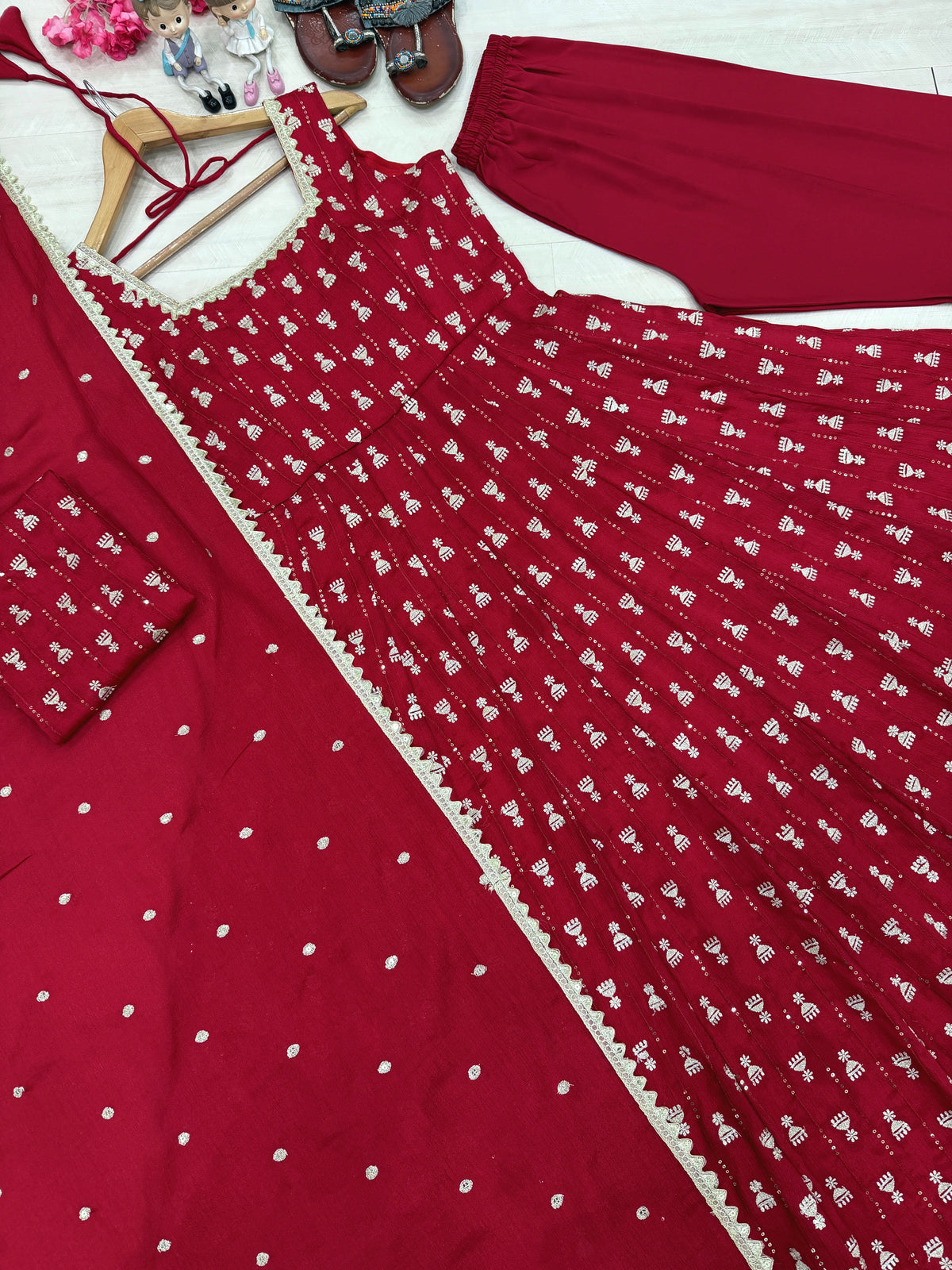 Ruby Red Chinon Anarkali Gown Set with Sequin Embroidery & Dupatta
