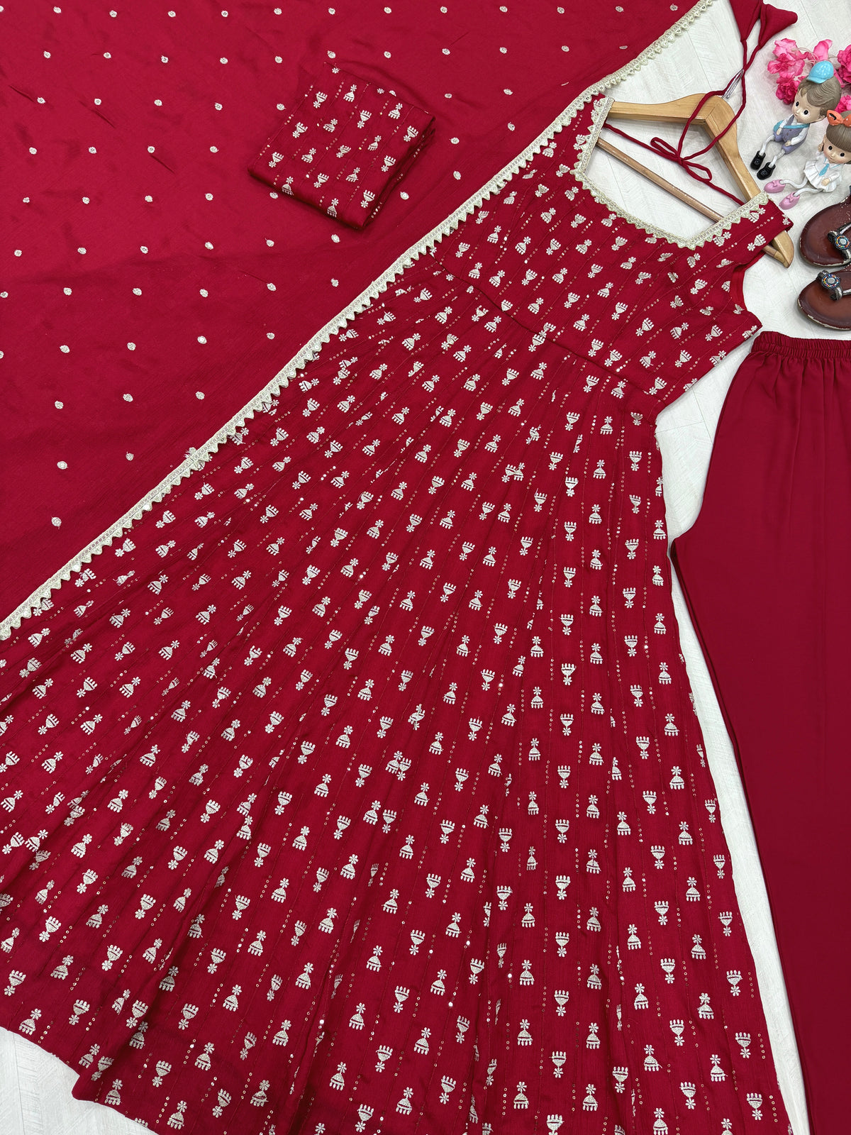 Ruby Red Chinon Anarkali Gown Set with Sequin Embroidery & Dupatta
