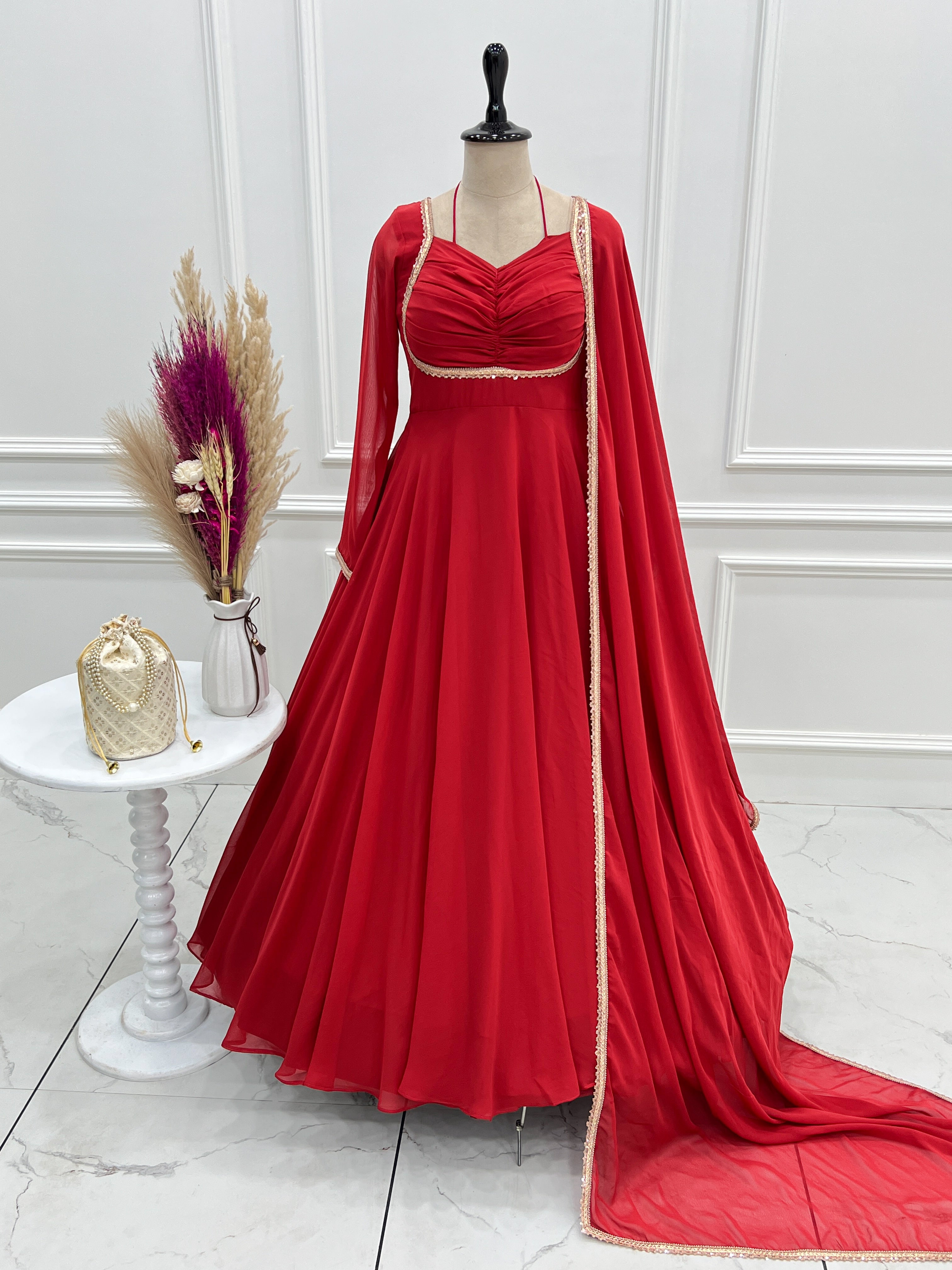 Red Designer Anarkali with Dupatta | Festival & Wedding Wear – Nardev Fashion