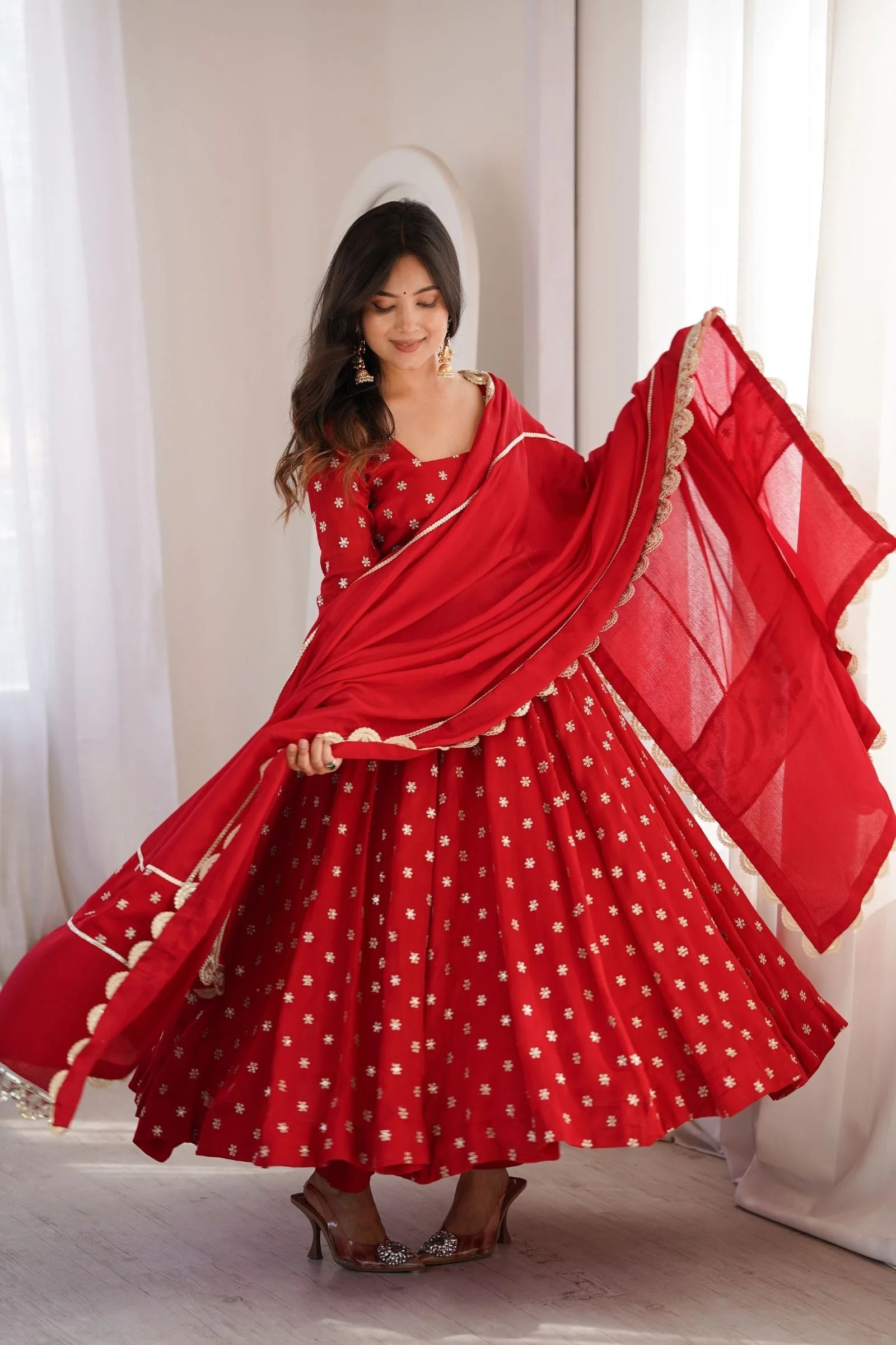 Ruby Red Chinon Silk Anarkali Suit Set with Zari & Sequins Embroidery Dupatta