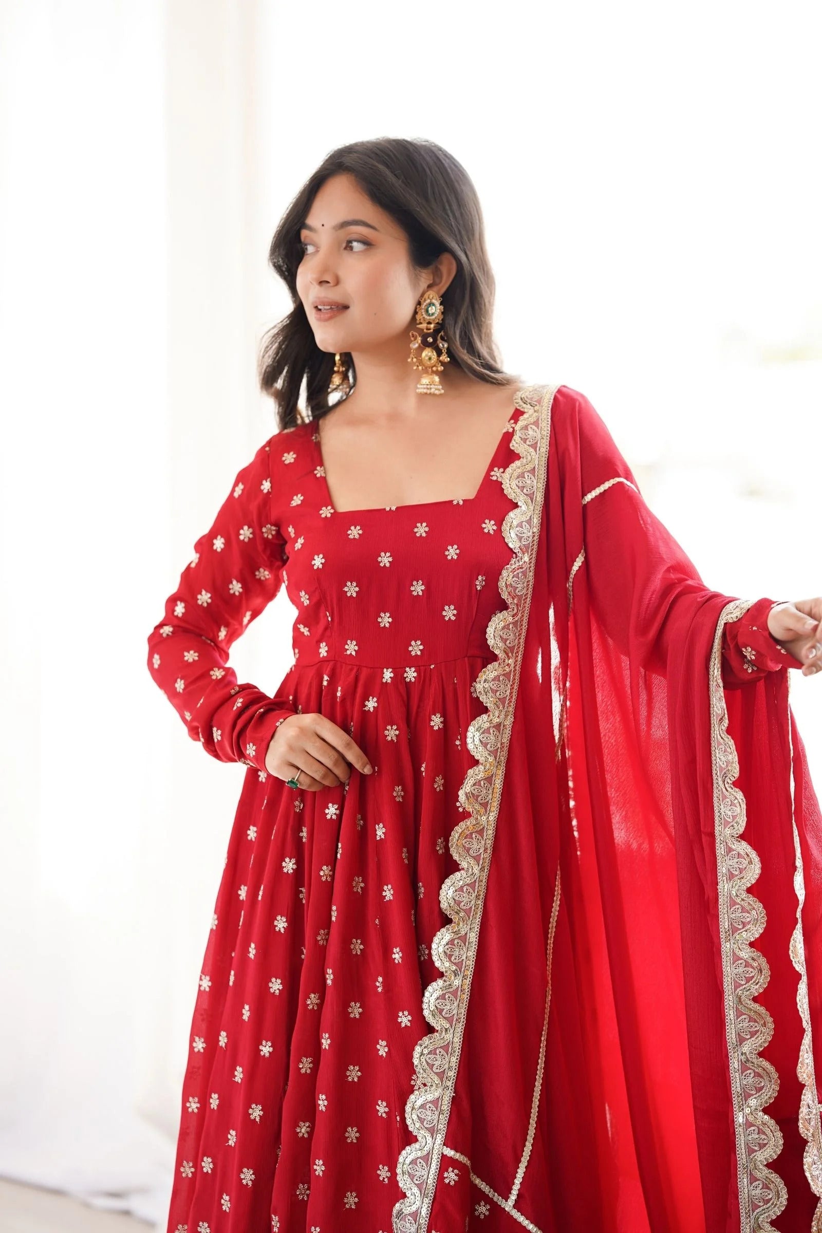 Ruby Red Chinon Silk Anarkali Suit Set with Zari & Sequins Embroidery Dupatta
