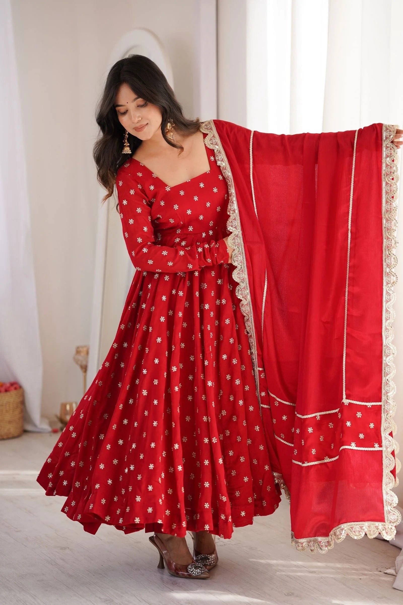 Ruby Red Chinon Silk Anarkali Suit Set with Zari & Sequins Embroidery Dupatta