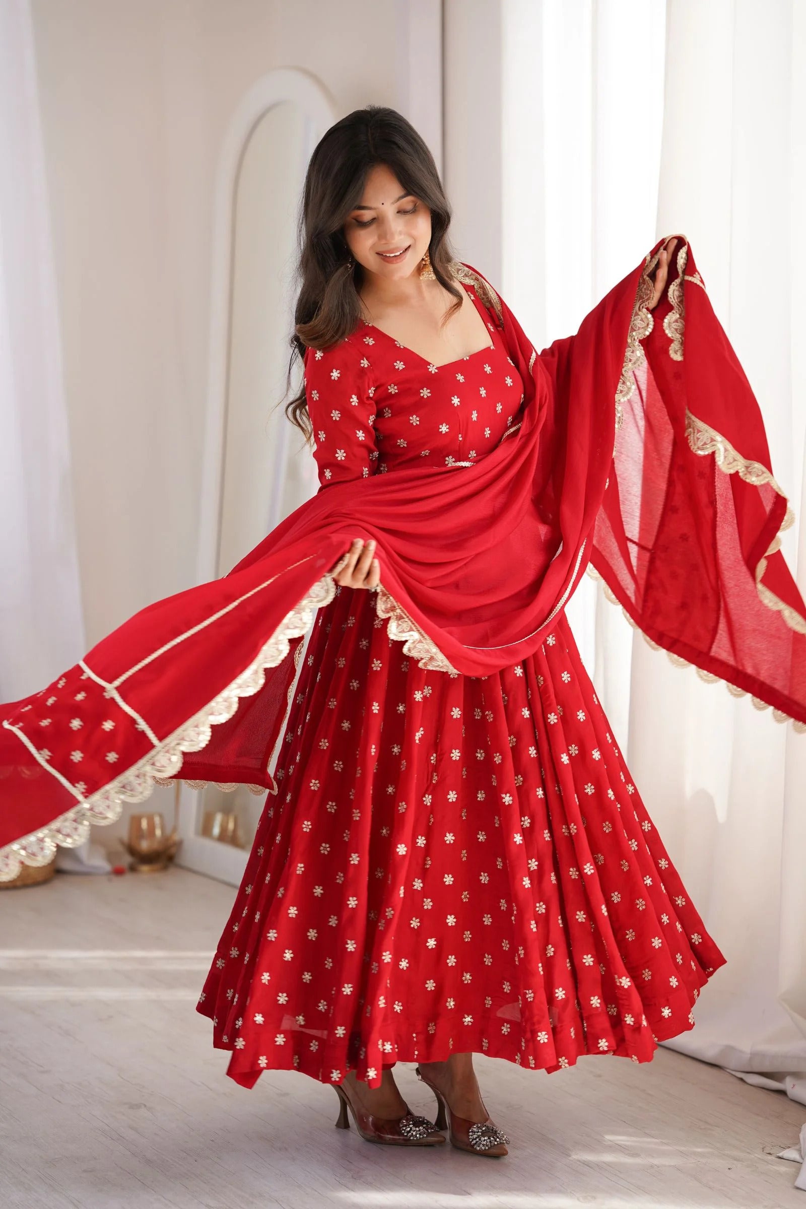 Ruby Red Chinon Silk Anarkali Suit Set with Zari & Sequins Embroidery Dupatta