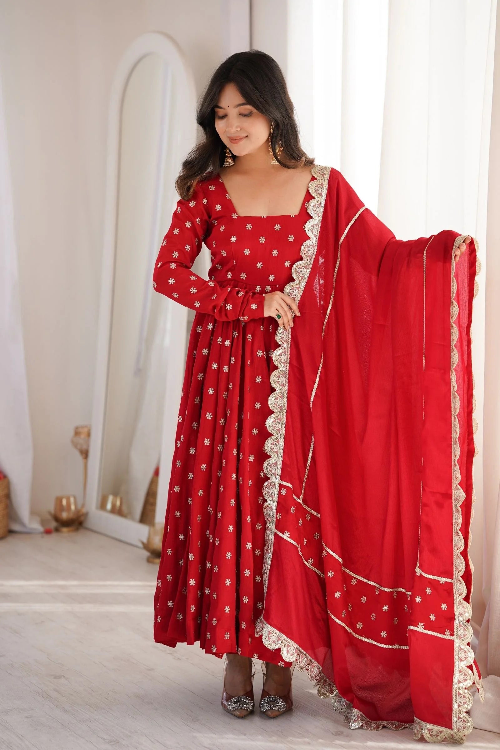 Ruby Red Chinon Silk Anarkali Suit Set with Zari & Sequins Embroidery Dupatta