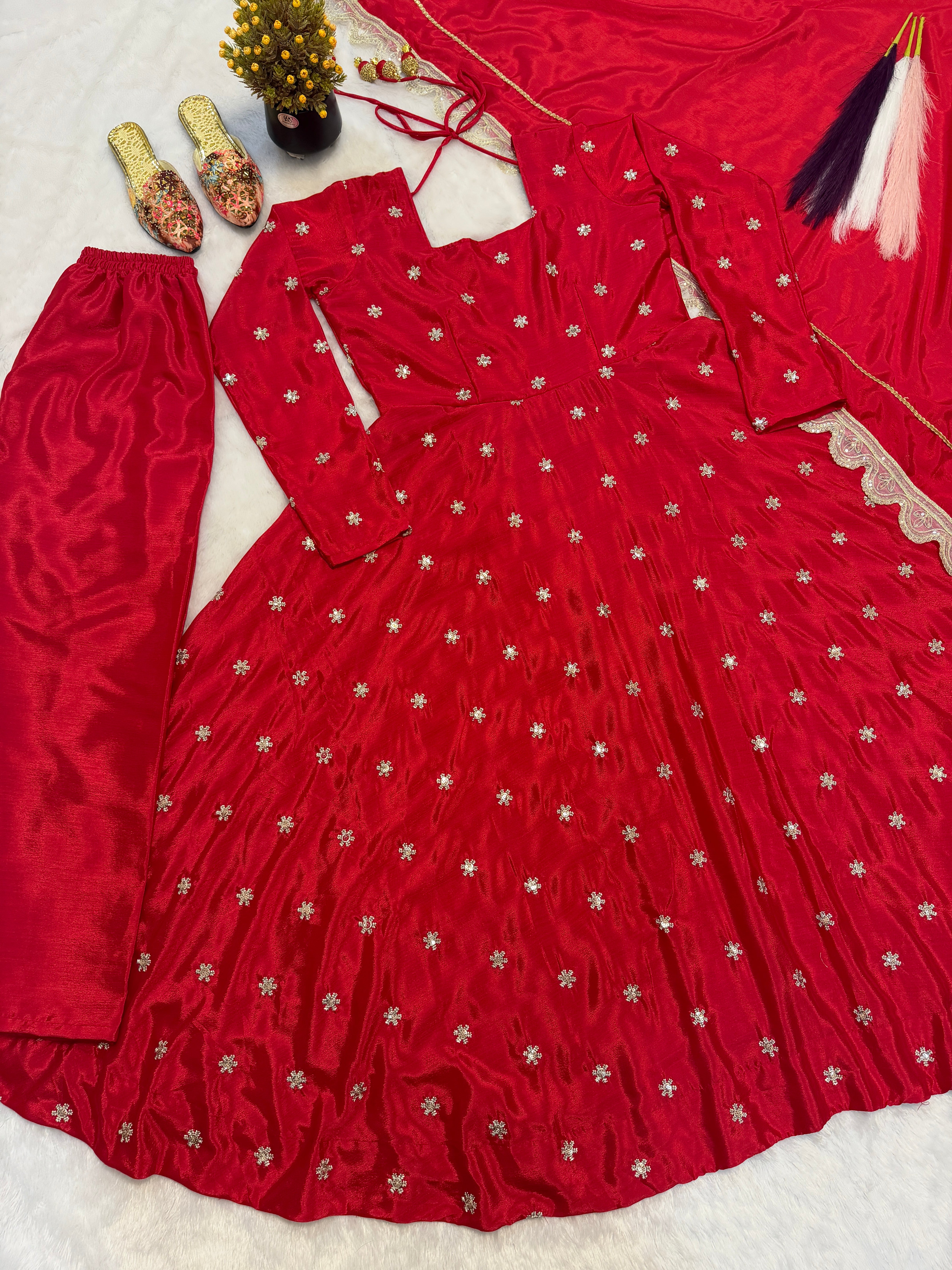 Ruby Red Chinon Silk Anarkali Suit Set with Zari & Sequins Embroidery Dupatta