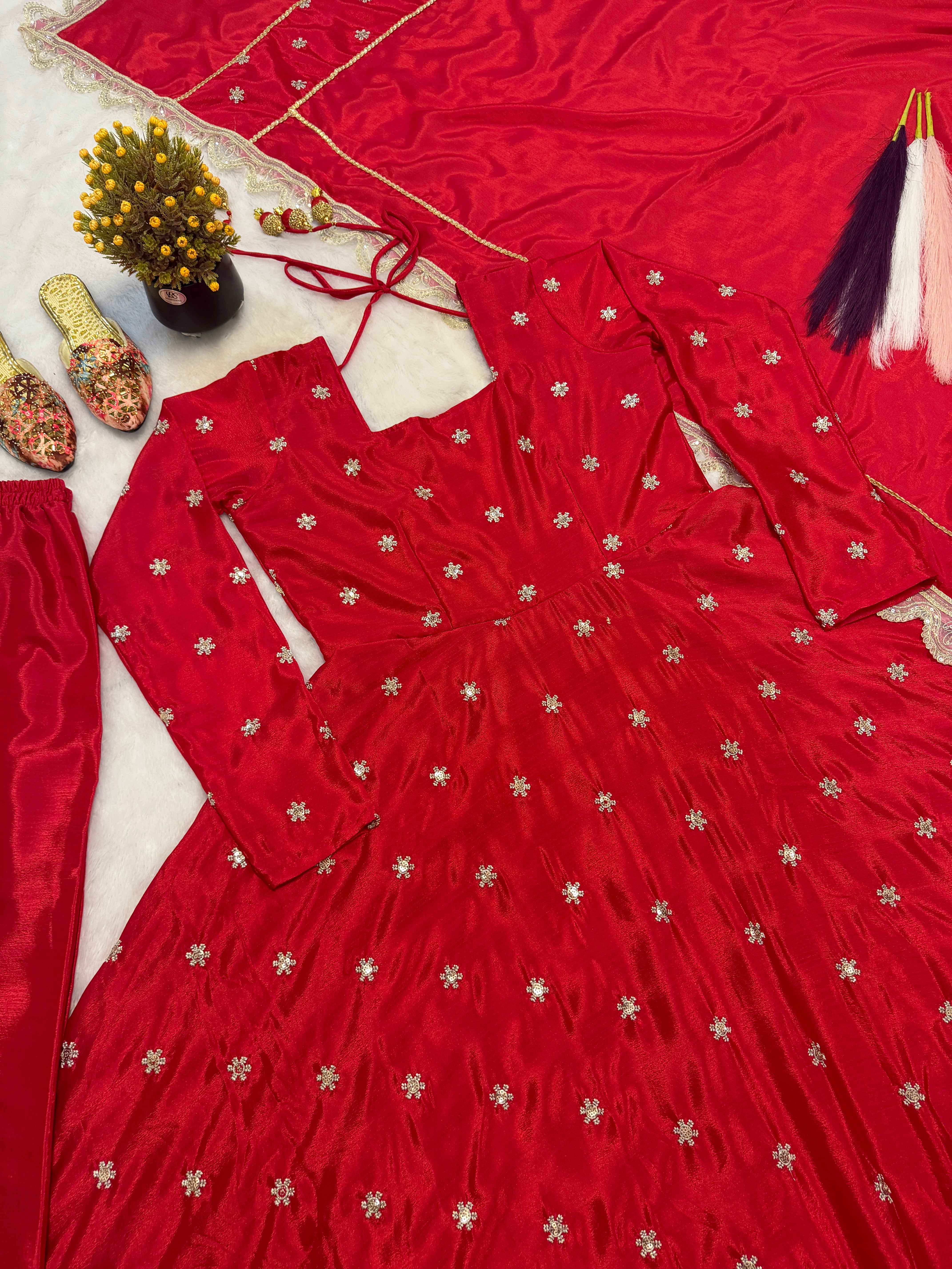 Ruby Red Chinon Silk Anarkali Suit Set with Zari & Sequins Embroidery Dupatta