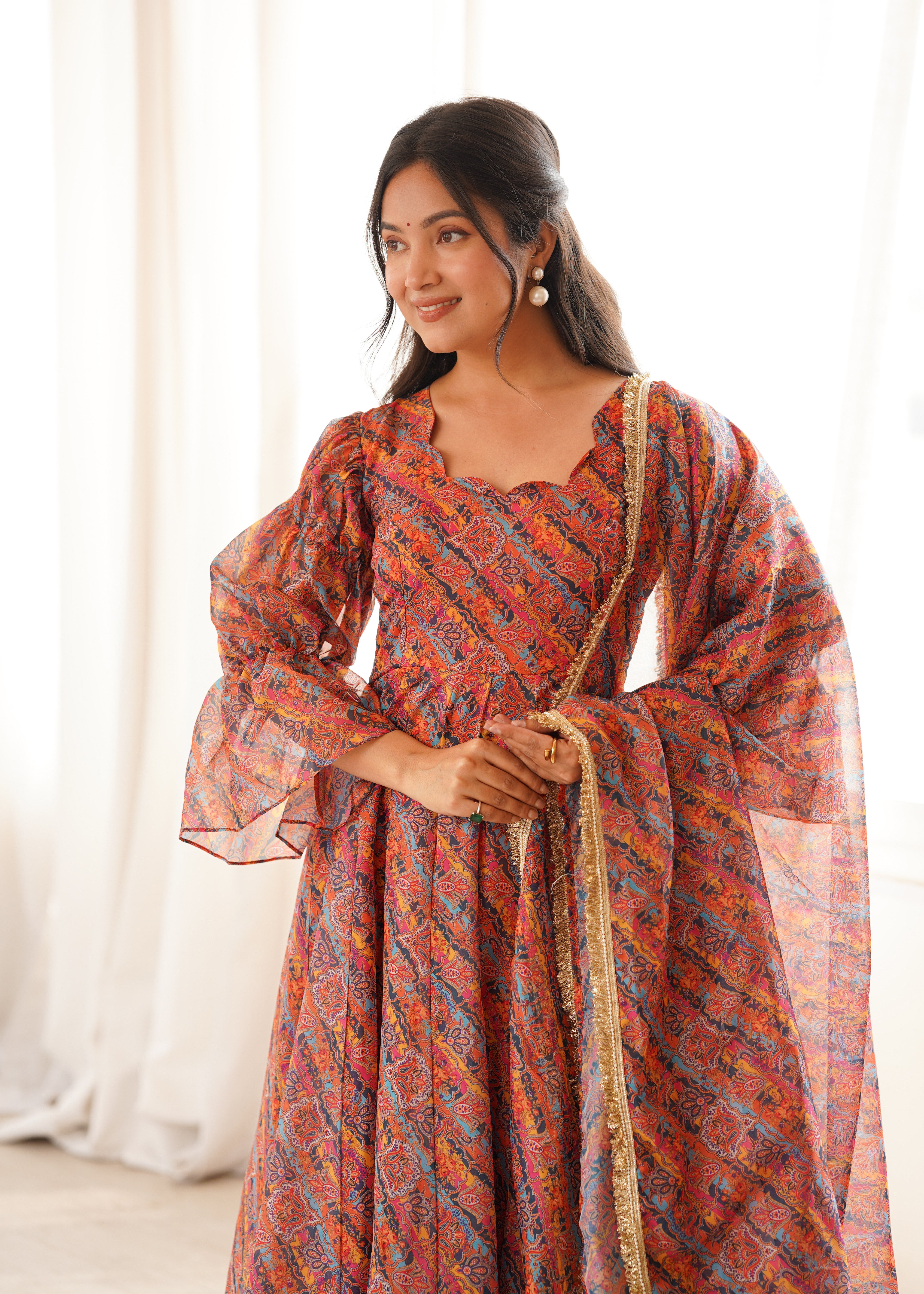 Rust Orange Printed Tebi Organza Puff Sleeve Anarkali Gown Set with Dupatta & Pant