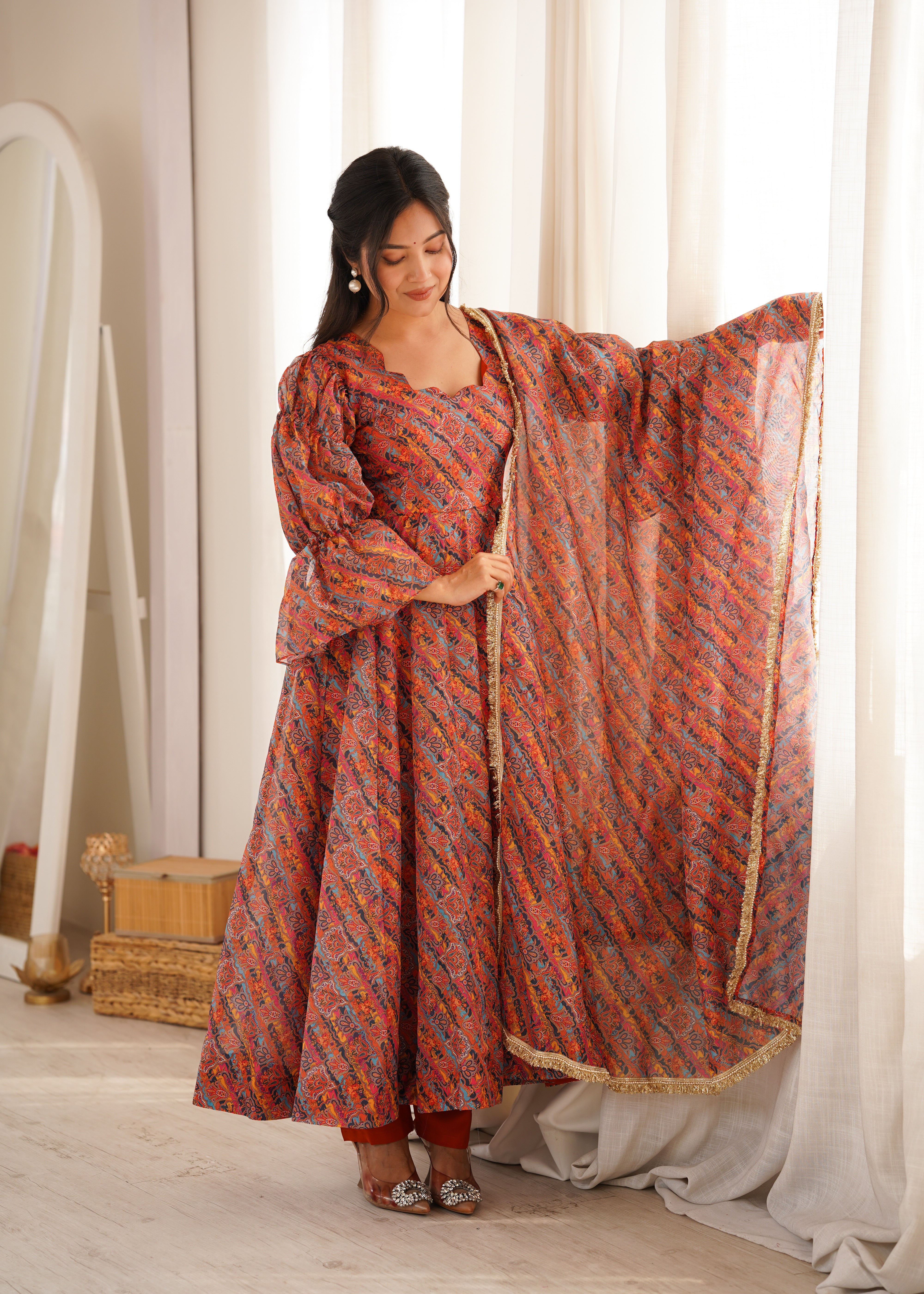 Rust Orange Printed Tebi Organza Puff Sleeve Anarkali Gown Set with Dupatta & Pant