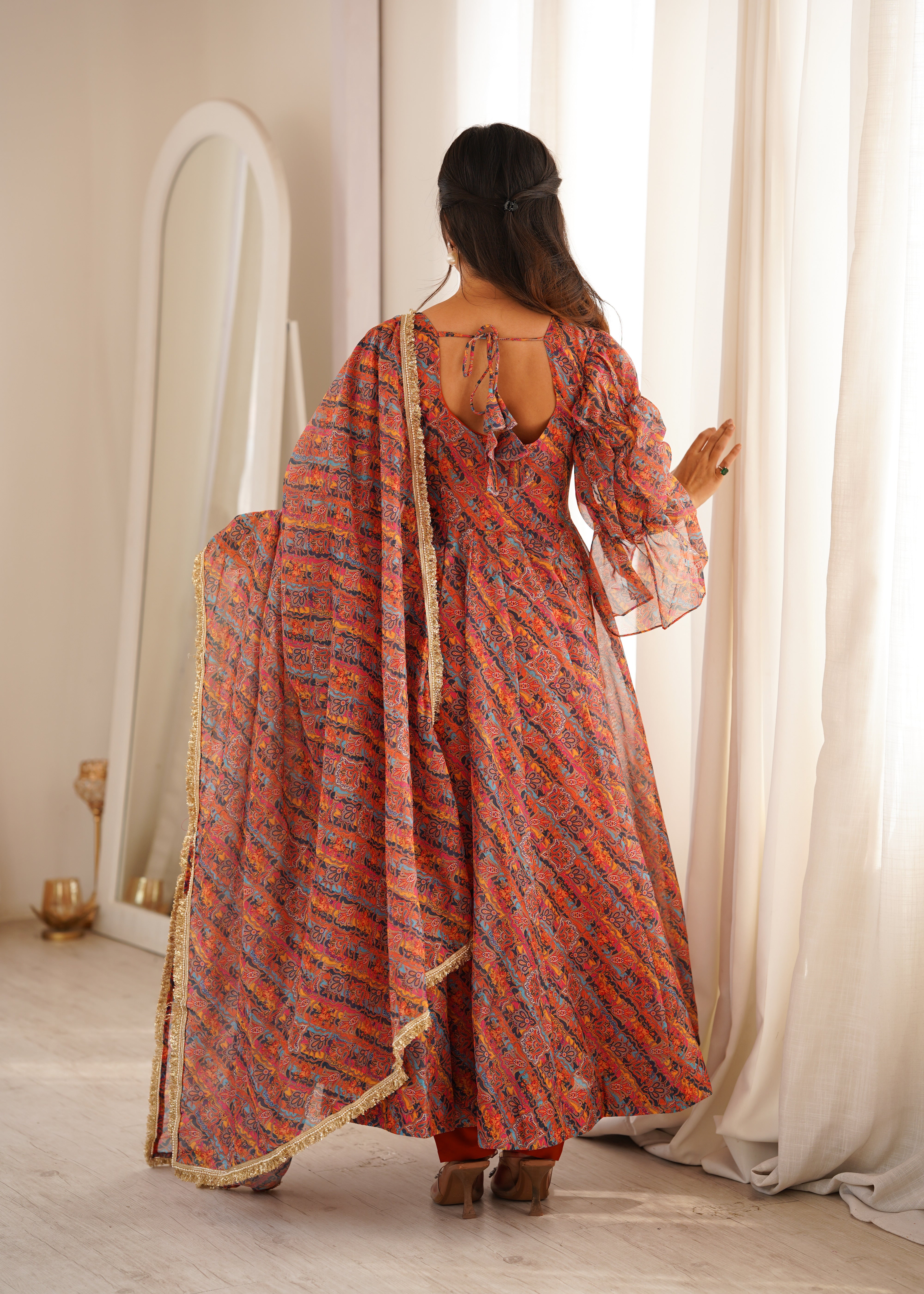 Rust Orange Printed Tebi Organza Puff Sleeve Anarkali Gown Set with Dupatta & Pant