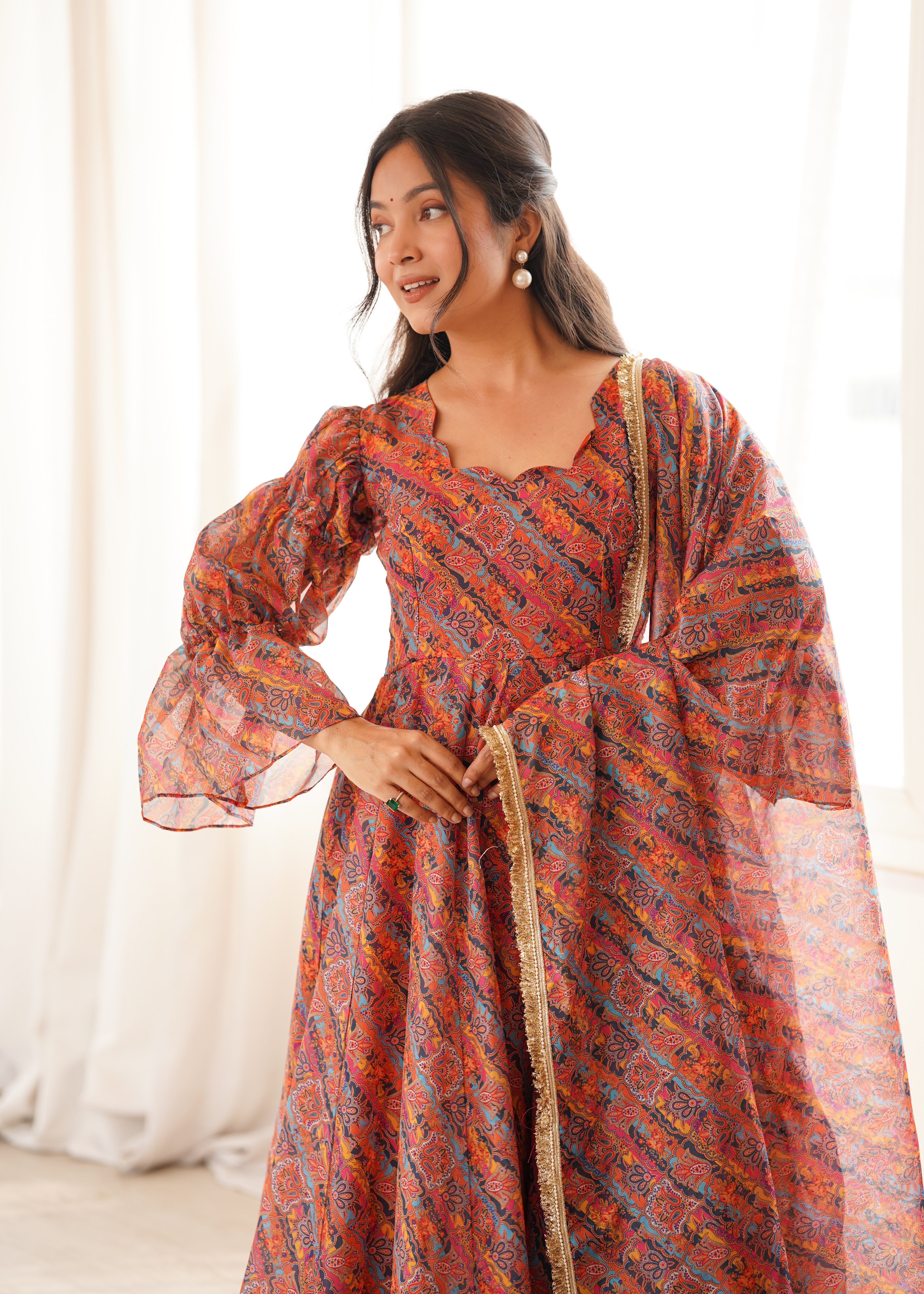Rust Orange Printed Tebi Organza Puff Sleeve Anarkali Gown Set with Dupatta & Pant