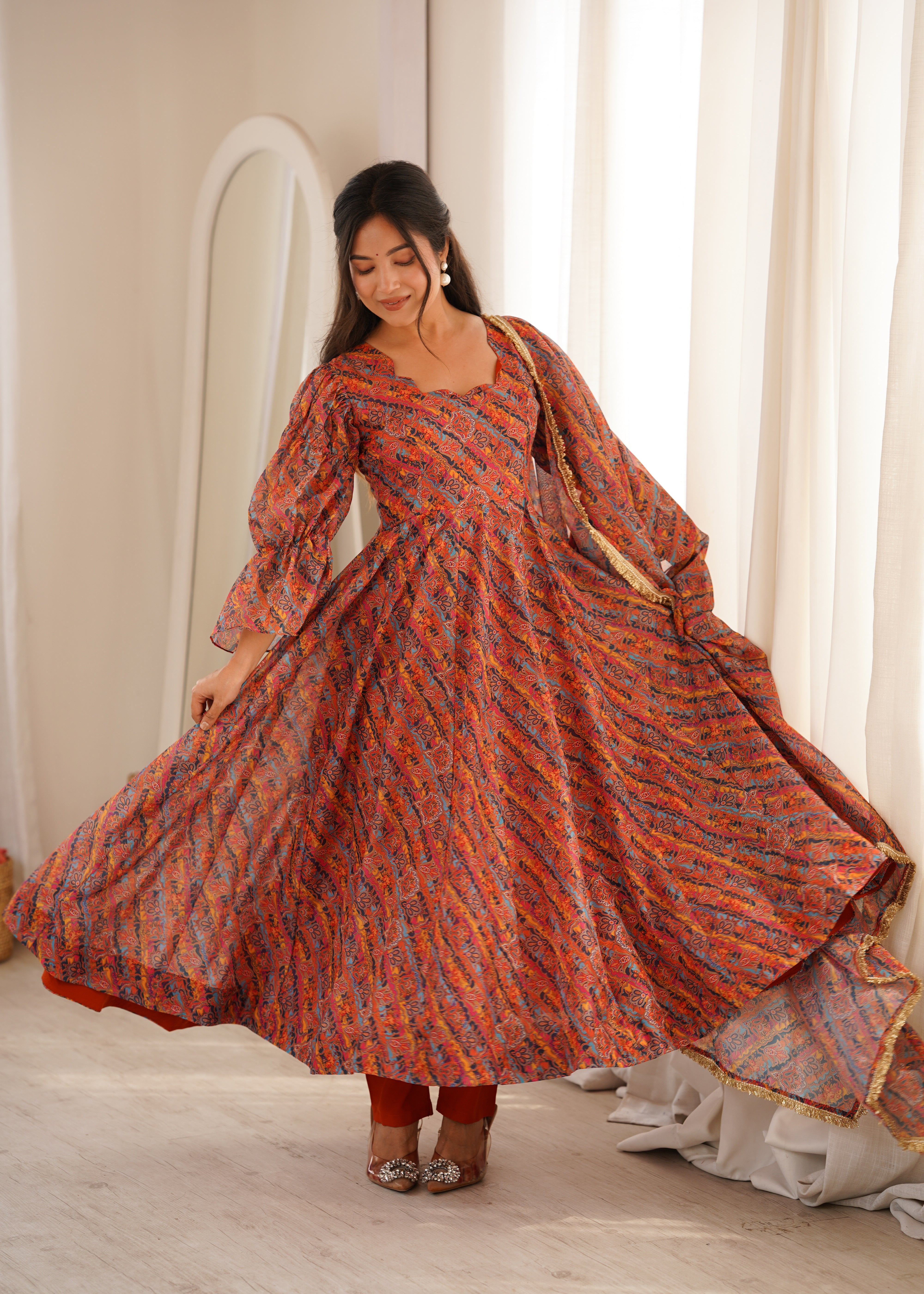 Rust Orange Printed Tebi Organza Puff Sleeve Anarkali Gown Set with Dupatta & Pant